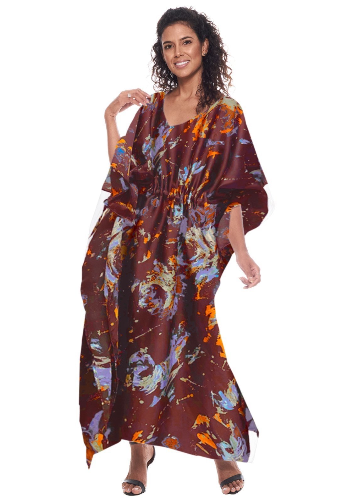 Vestido Kaftan Saída Longo Bata Crepe Acetinado Abstrato Vermelho