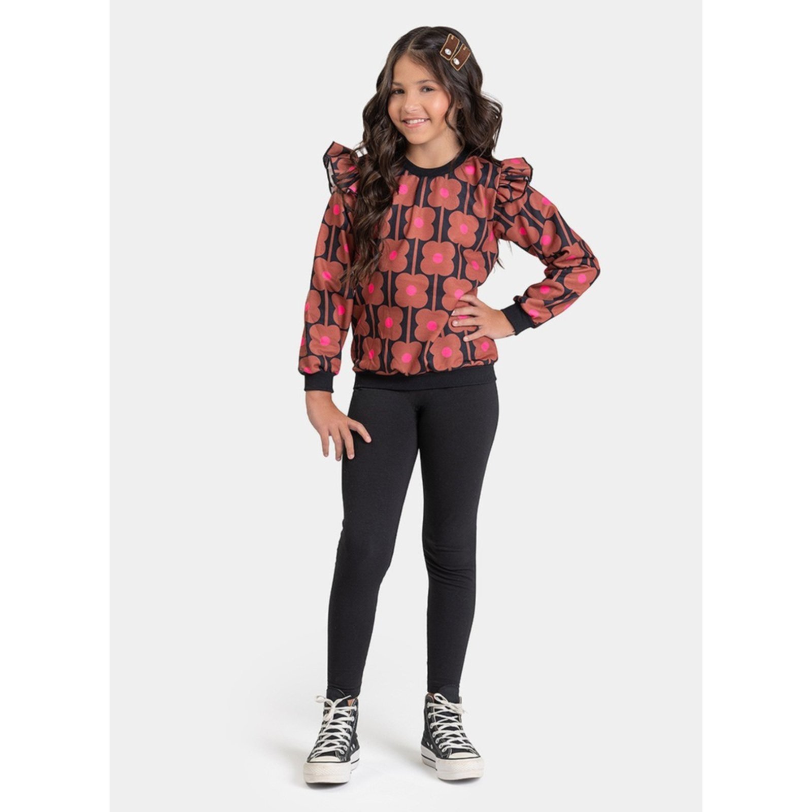 Infantil - Conjunto Inverno Menina Preto Blusão com Babado e Legging em Cotton Flores