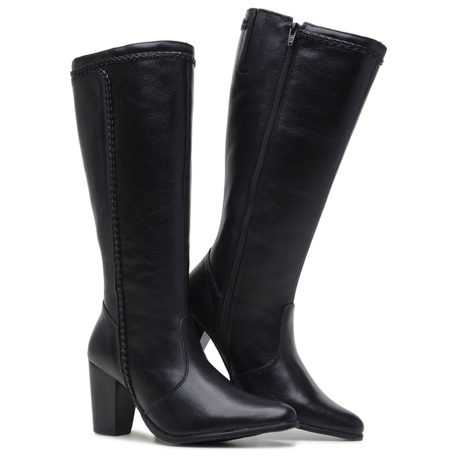 Vista 2 Bota Feminina Cano Longo Preta Chocolate Salto Alto Grosso com Zíper Lateral Elegante e Confortável Sapatofran preto Sapatofran preto