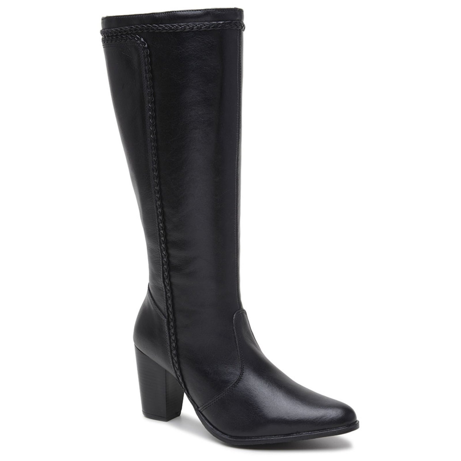 Vista 3 Bota Feminina Cano Longo Preta Chocolate Salto Alto Grosso com Zíper Lateral Elegante e Confortável Sapatofran preto Sapatofran preto