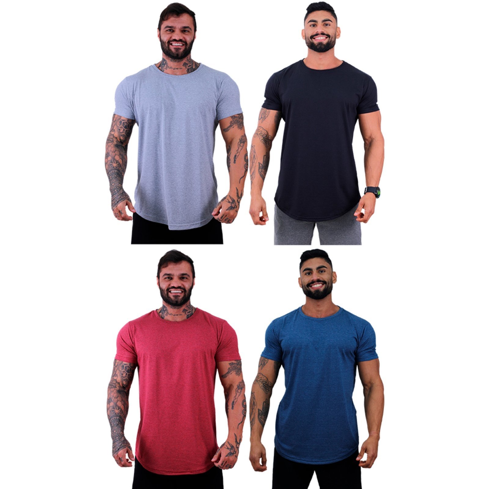 Kit 4 Camiseta Longline Masculina Alto Conceito Slim Verde Mescla, Preto, Mescla Vermelho e Mescla Marinho