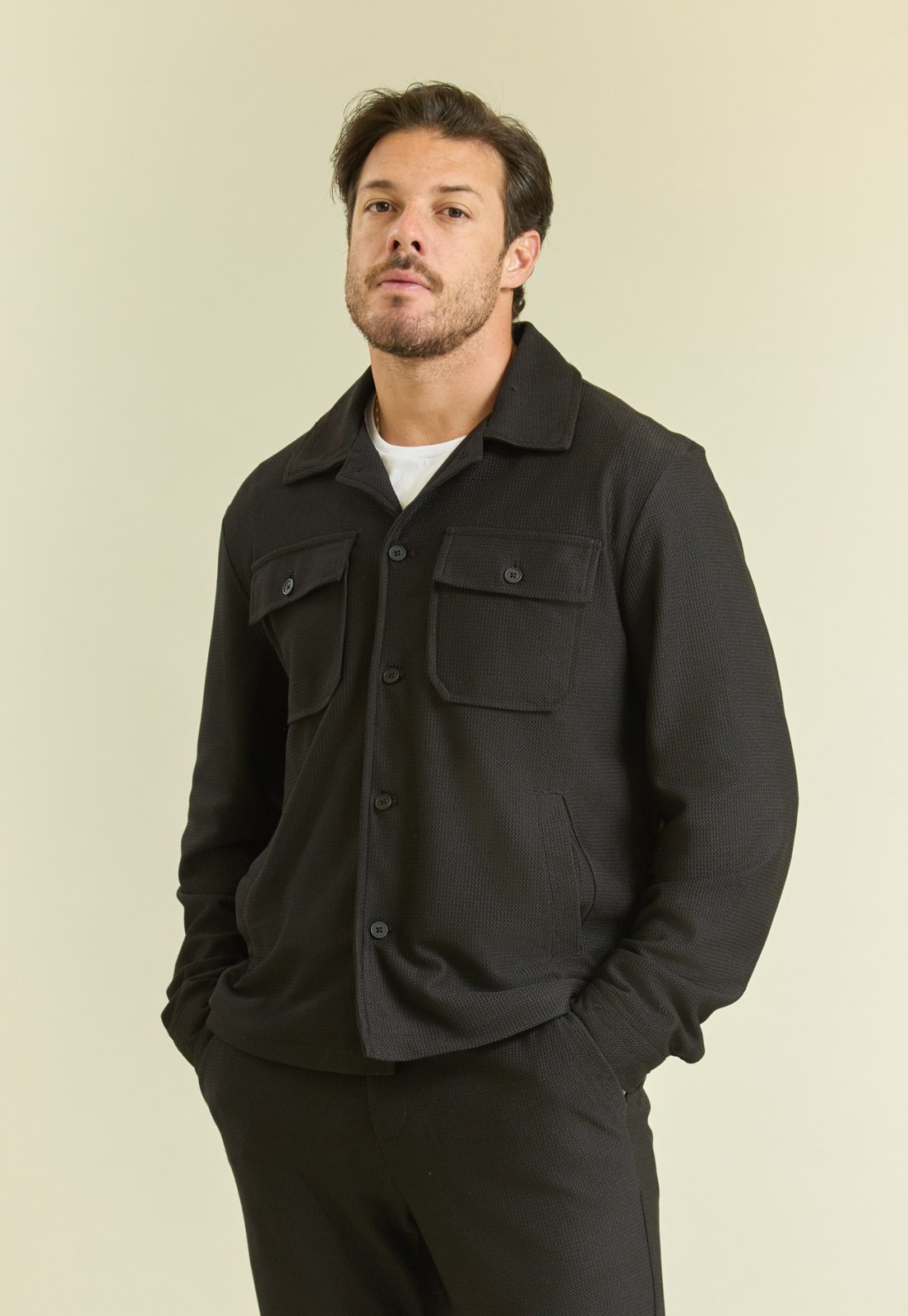Camisa Waffle Masculina Manga Longa Preto em Poliéster Dialogo
