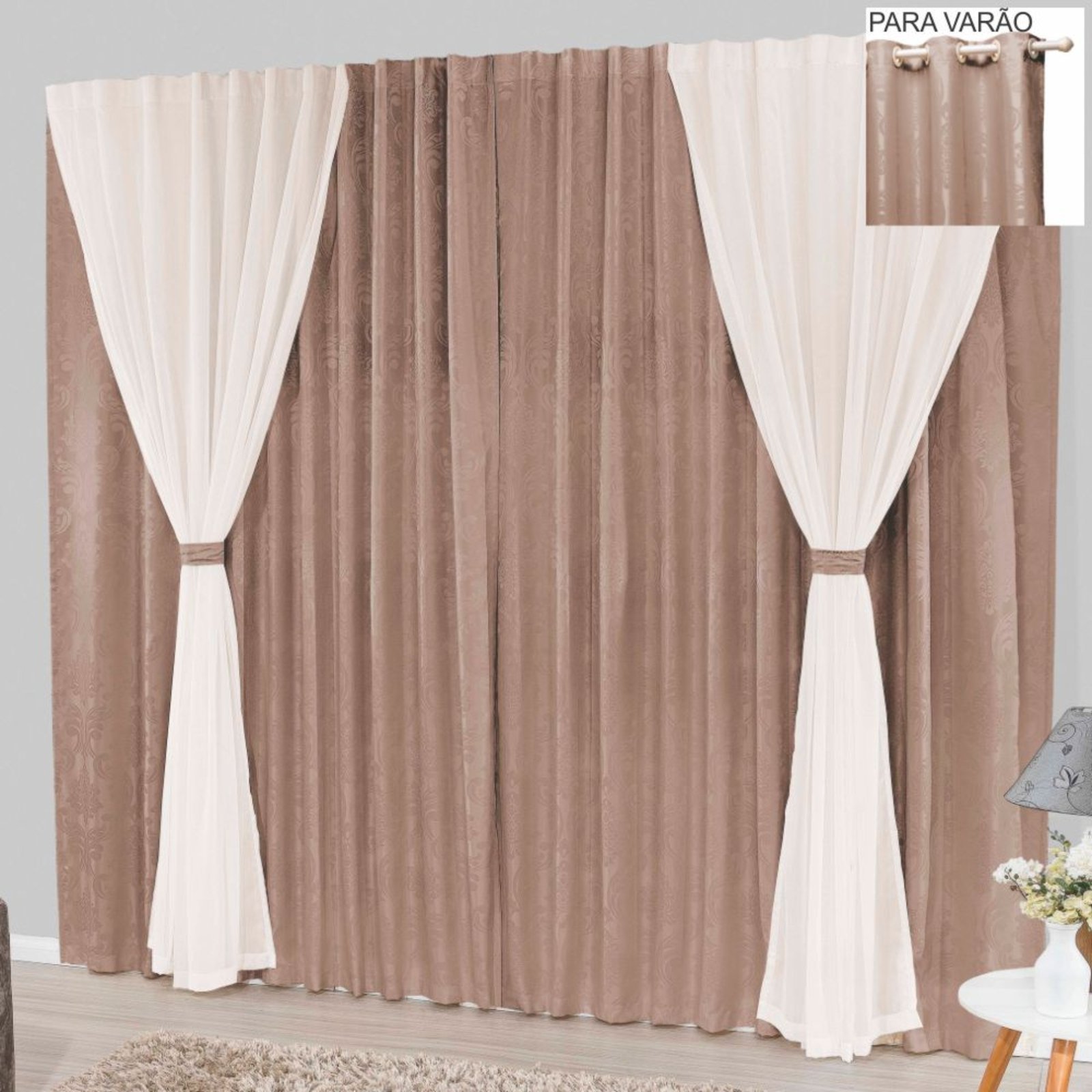 Cortina Bhaly Jacquard e Voal 4,00 X 2,50 Para Varão - Bege - 100% Poliéster