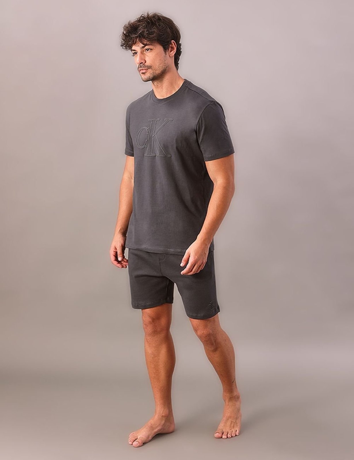 Camiseta Masculino Manga Curta Careca Meia Malha - Chumbo Calvin Klein Jeans