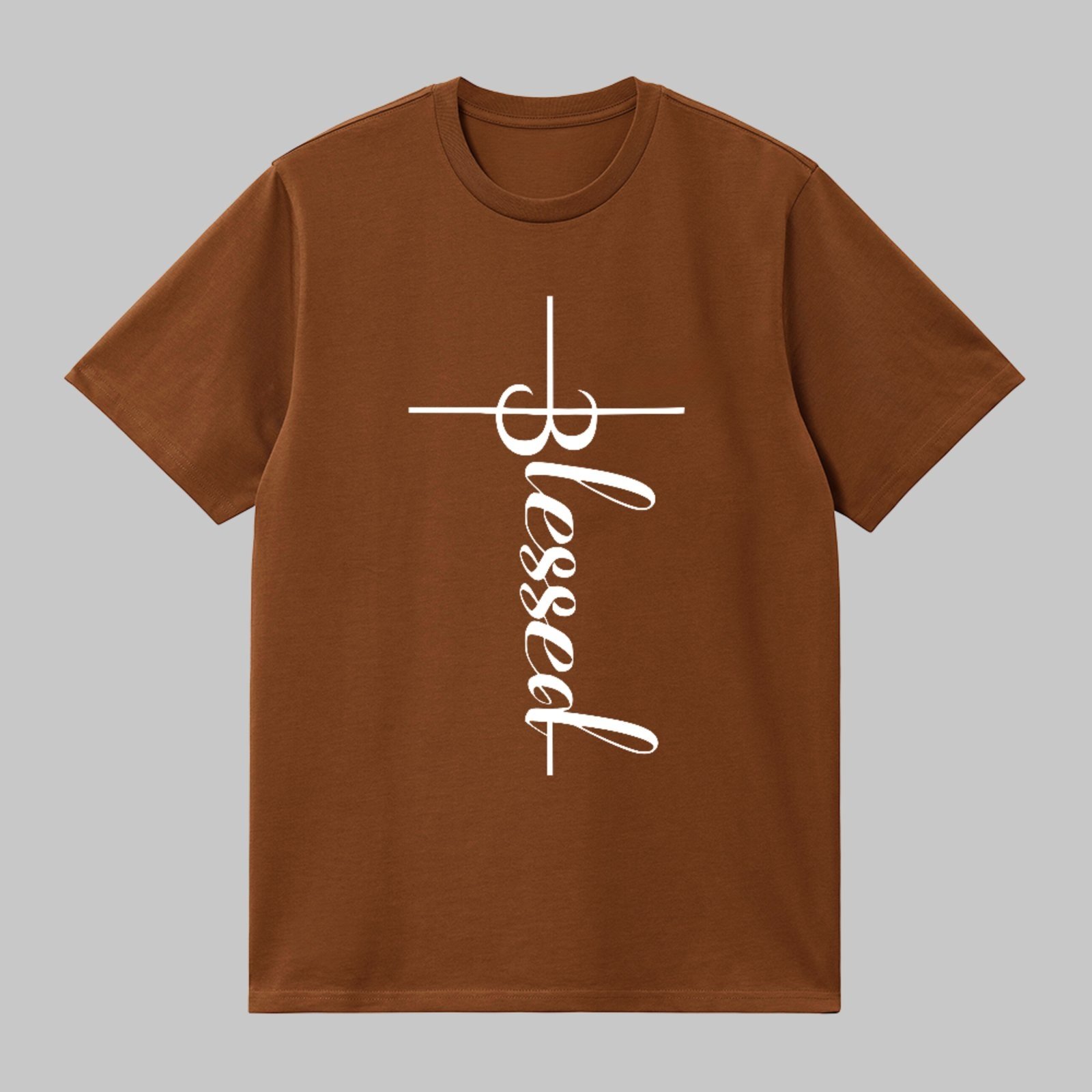 Camiseta Básica Blessed Cruz Minimalista Fé Cristã Style Marrom