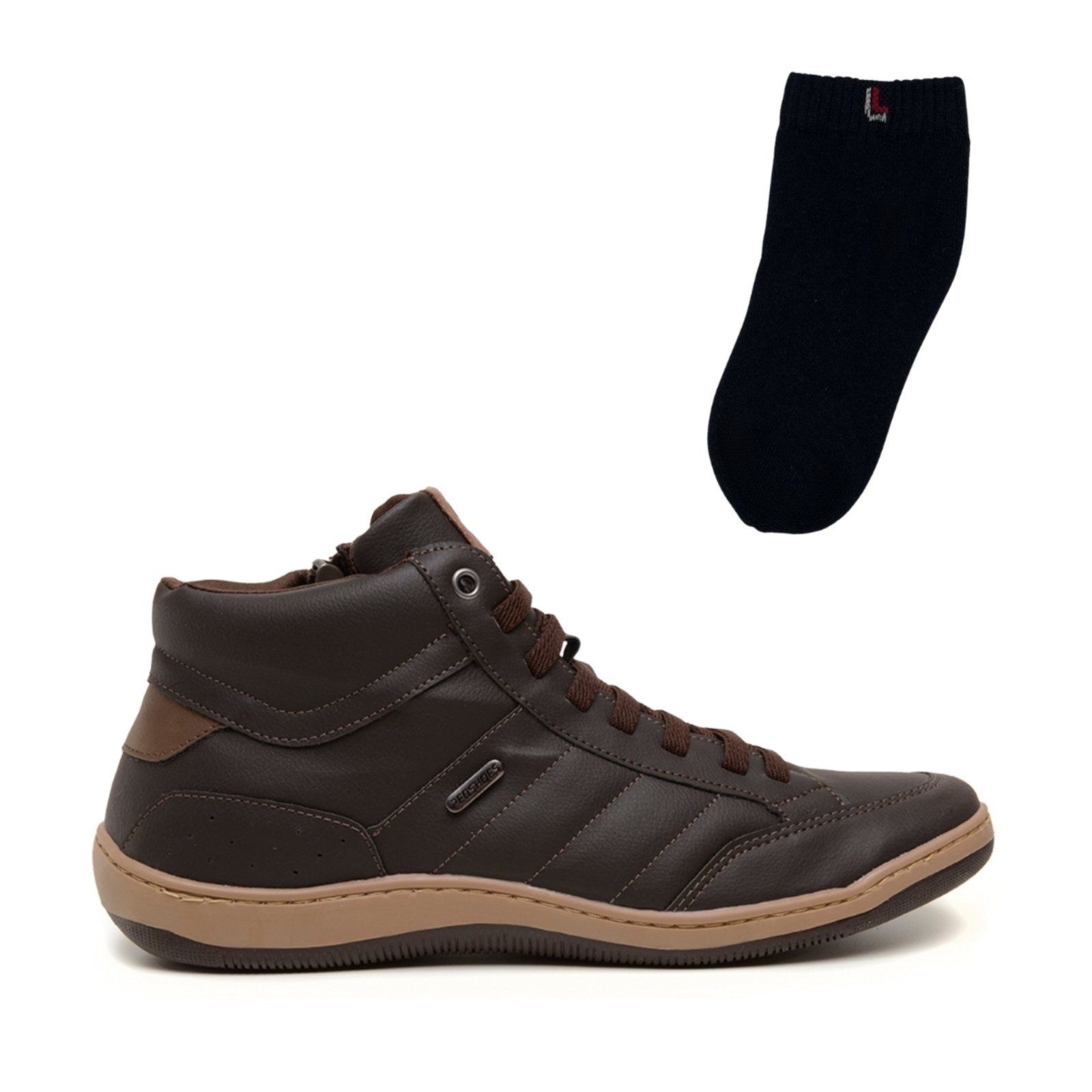 Kit Sapatenis Casual Versátil Masculino Rovetto Marrom com Meia Preta Algodão