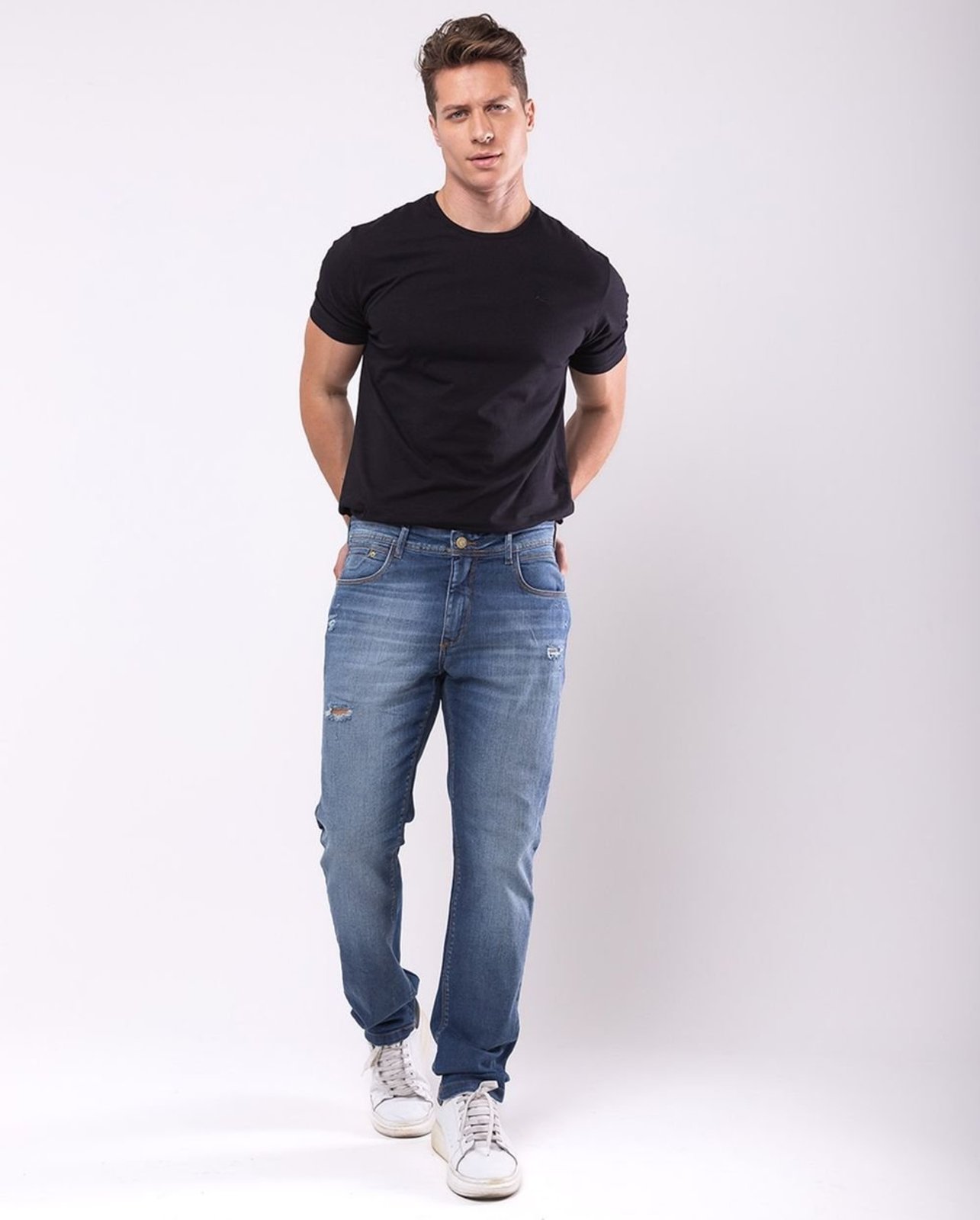 Calça Jeans Slim Fit Masculina Básica com Elastano 23828 Média Rasgada Consciência
