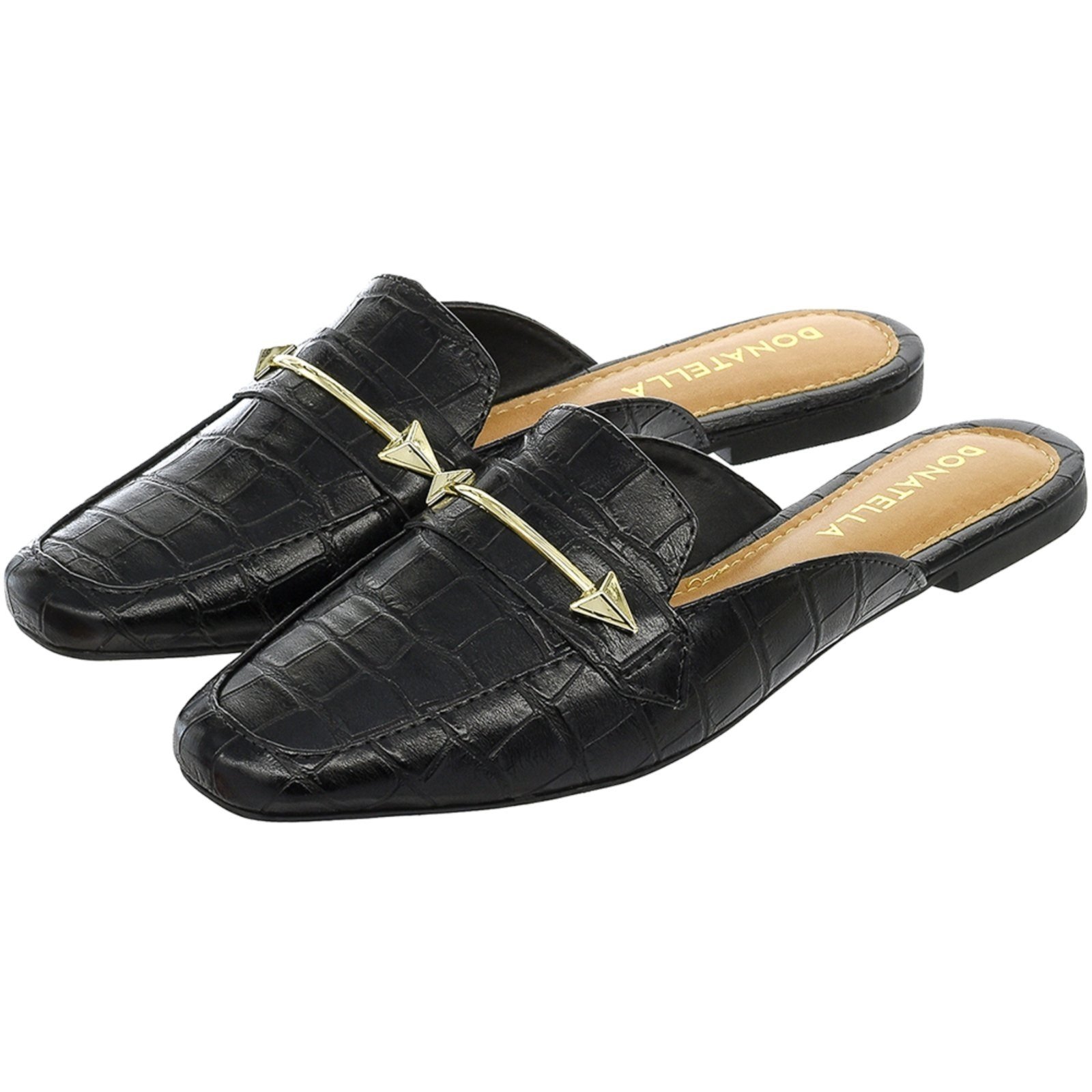 Sapato Mule Femino Donatella Shoes Bico Quarado Preto Croco