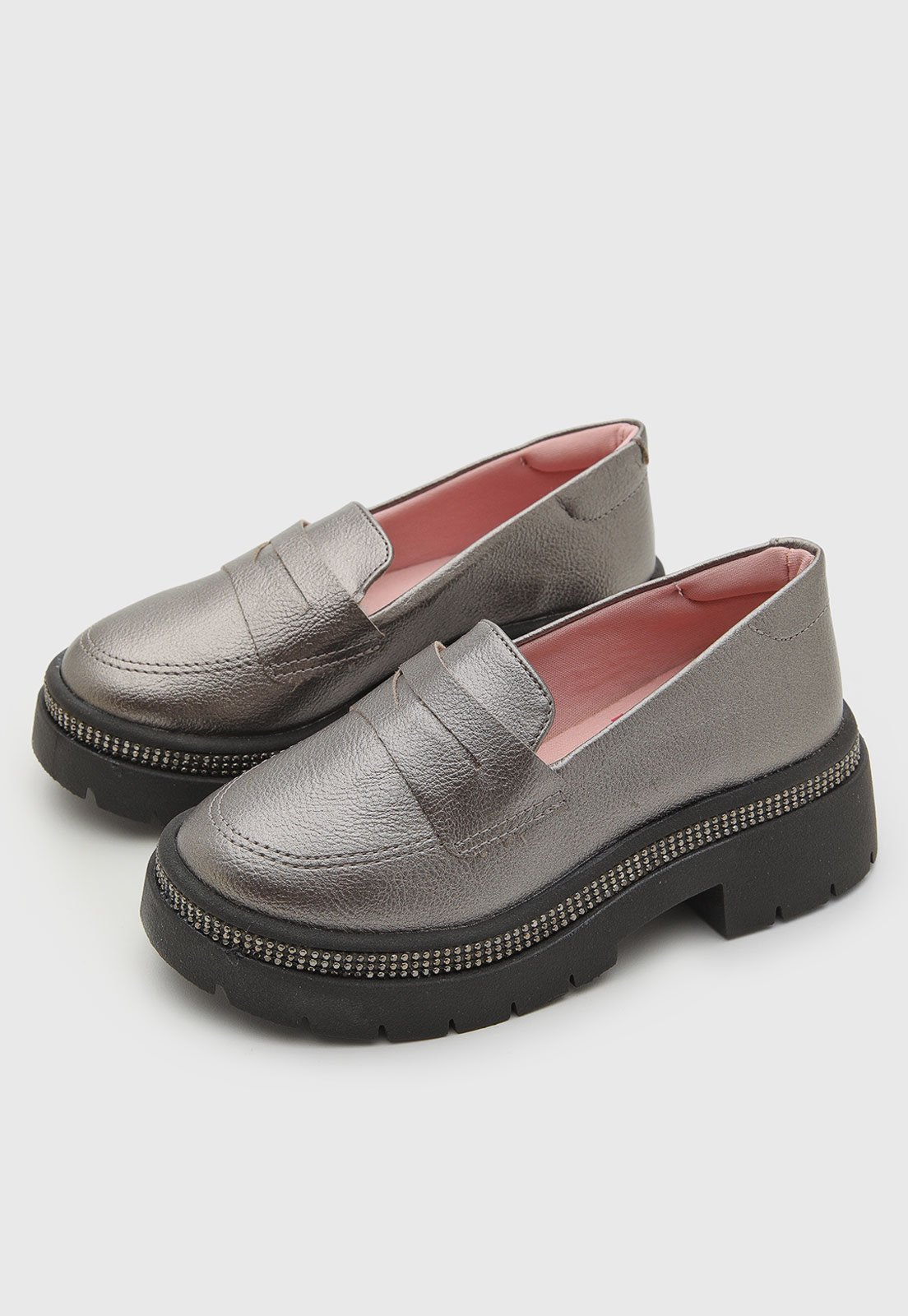 Infantil - Mocassim Molekinha Metalizado Tratorado Strass Prateado