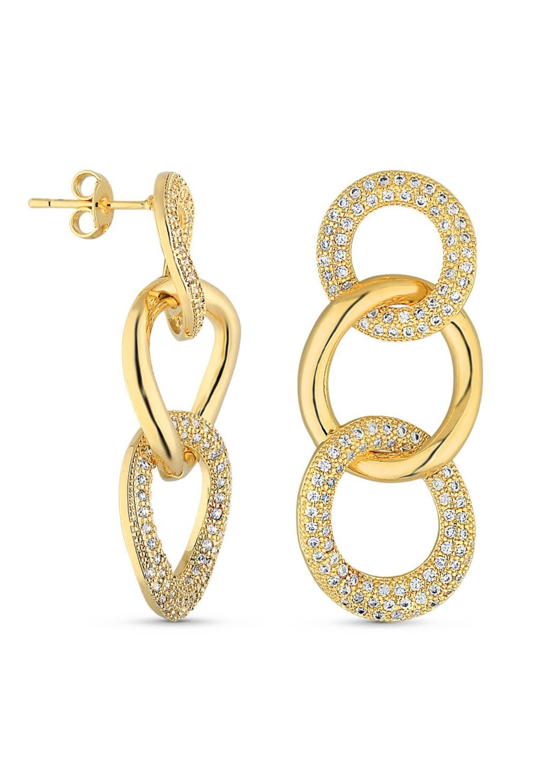 Brinco Semijoia 3 Elos Cravejados Com Zircônias Cristal Banho Em Ouro 18 K Br078-001 Dourado