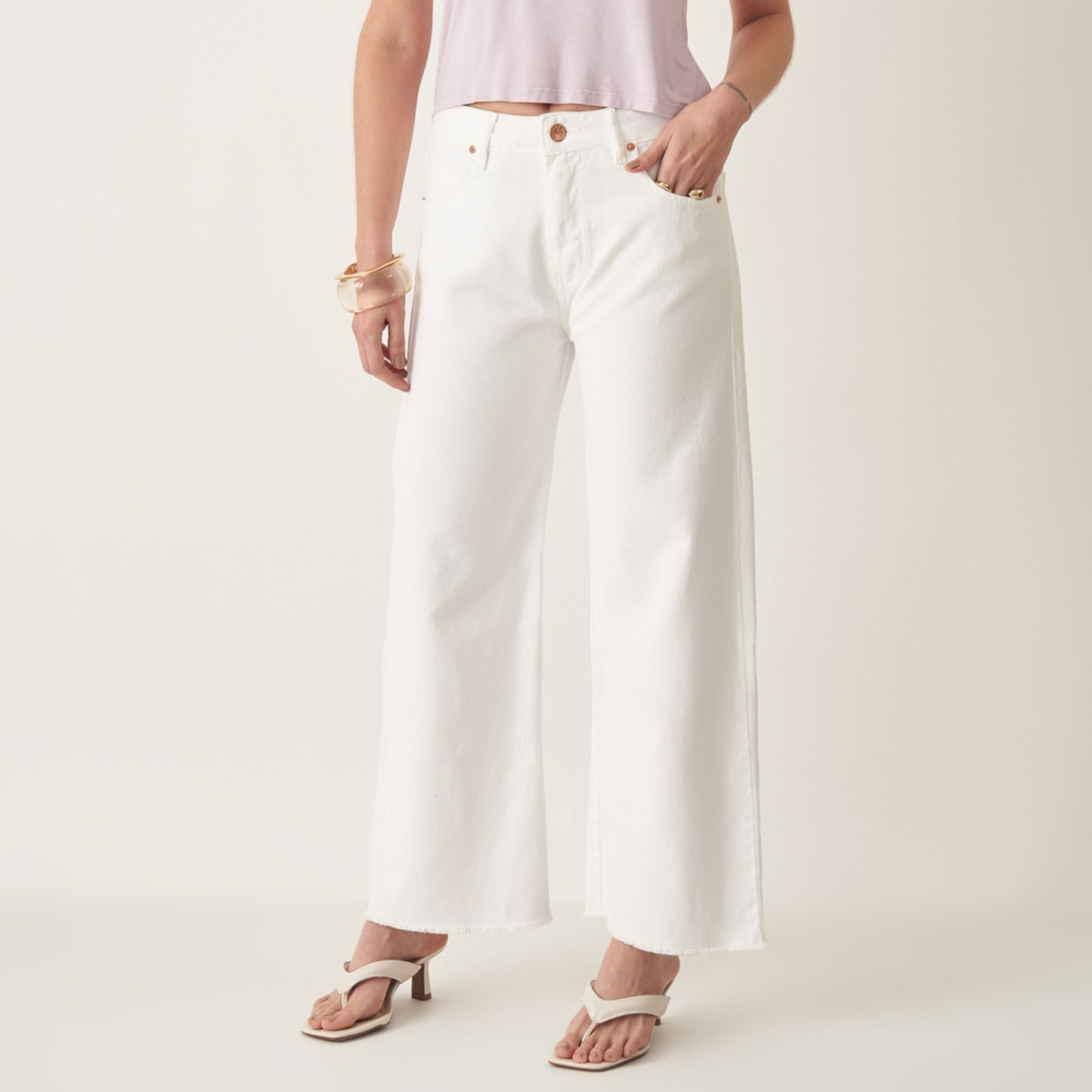 Calça Jeans Color Cropped Wide Cintura Alta