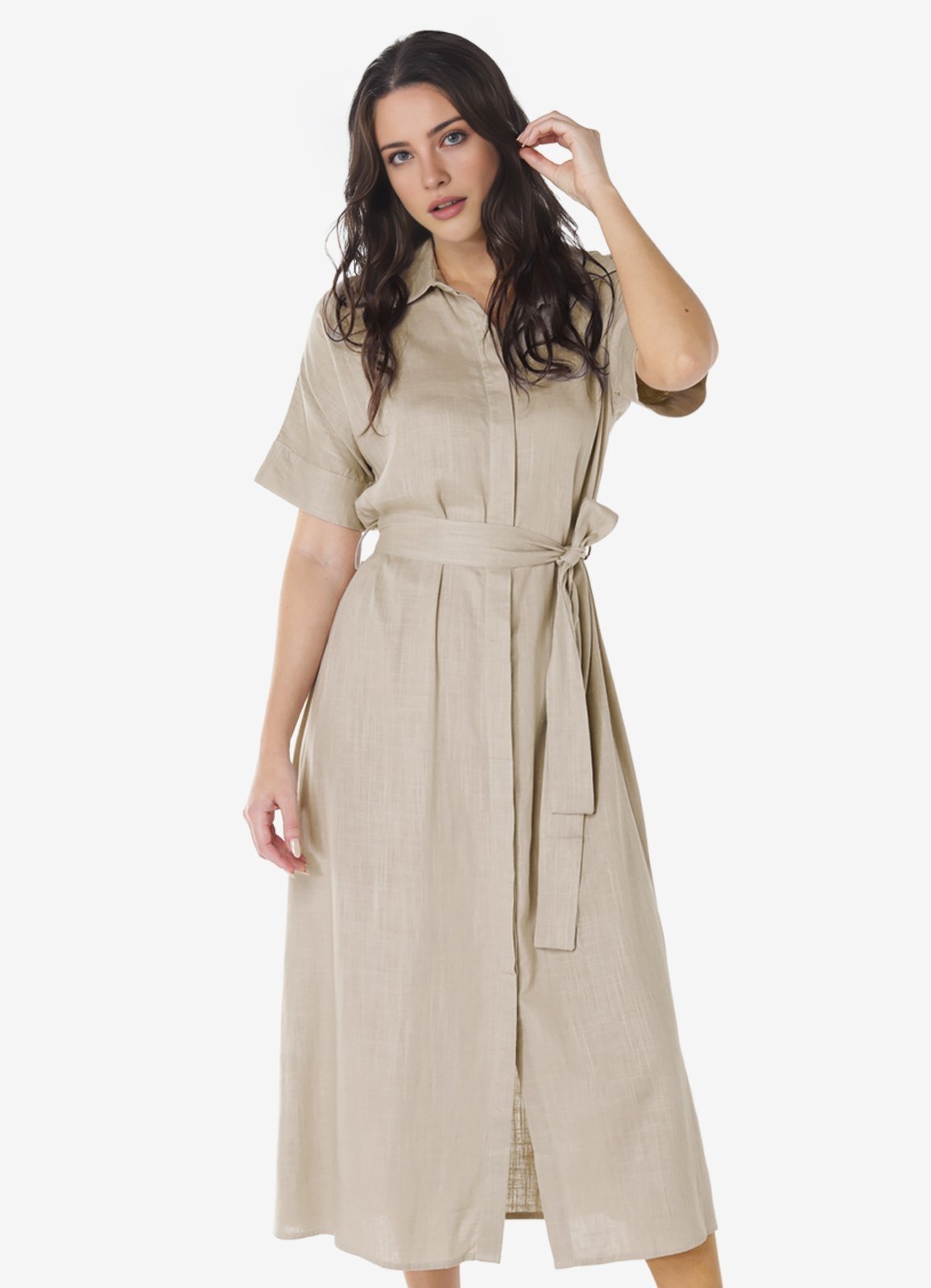 Vestido Longo de Linho Bege Mocca Chemise Manga Curta Sob