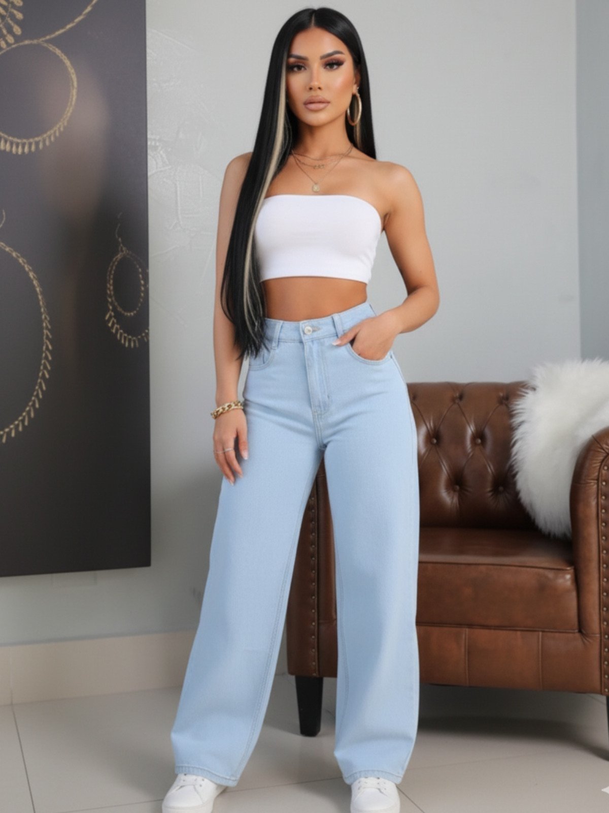 Calça Widleg Alpha Street Wear Jeans Feminina Casual e Confortavel Estilo Gringa Fashion Delave