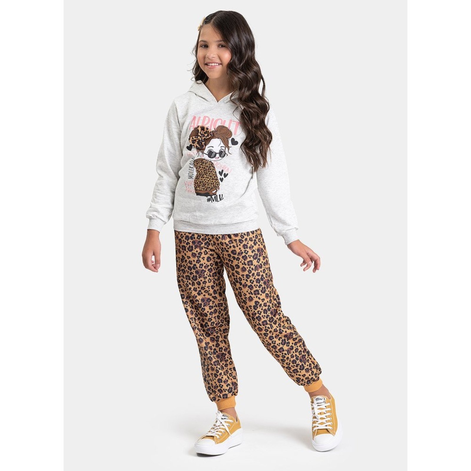 Infantil - Conjunto Inverno Menina Mescla Blusão com Capuz e Calça em Moletom Menina Fashion