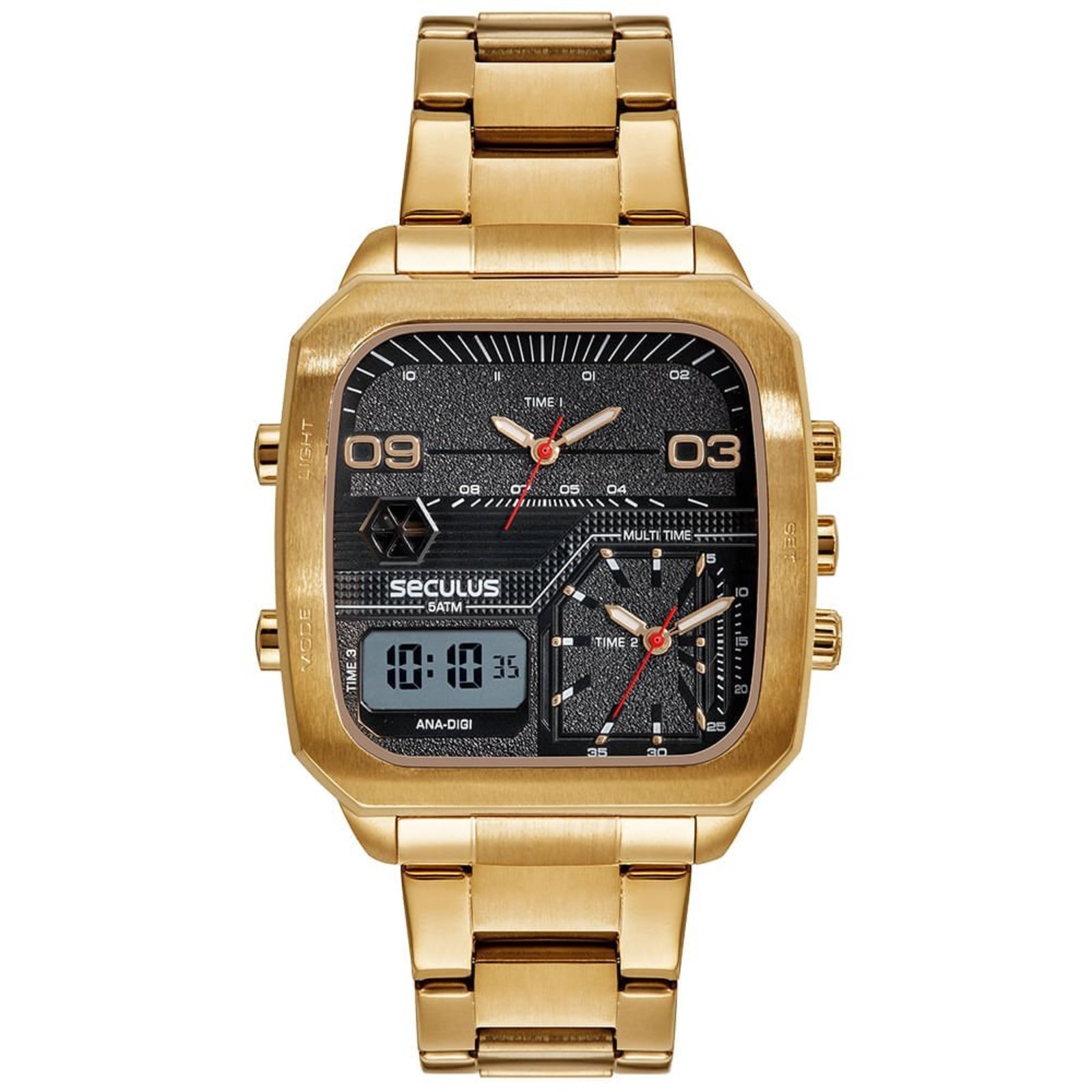 Relógio Seculus Masculino Anadig com Três Máquinas Dourado Seculus