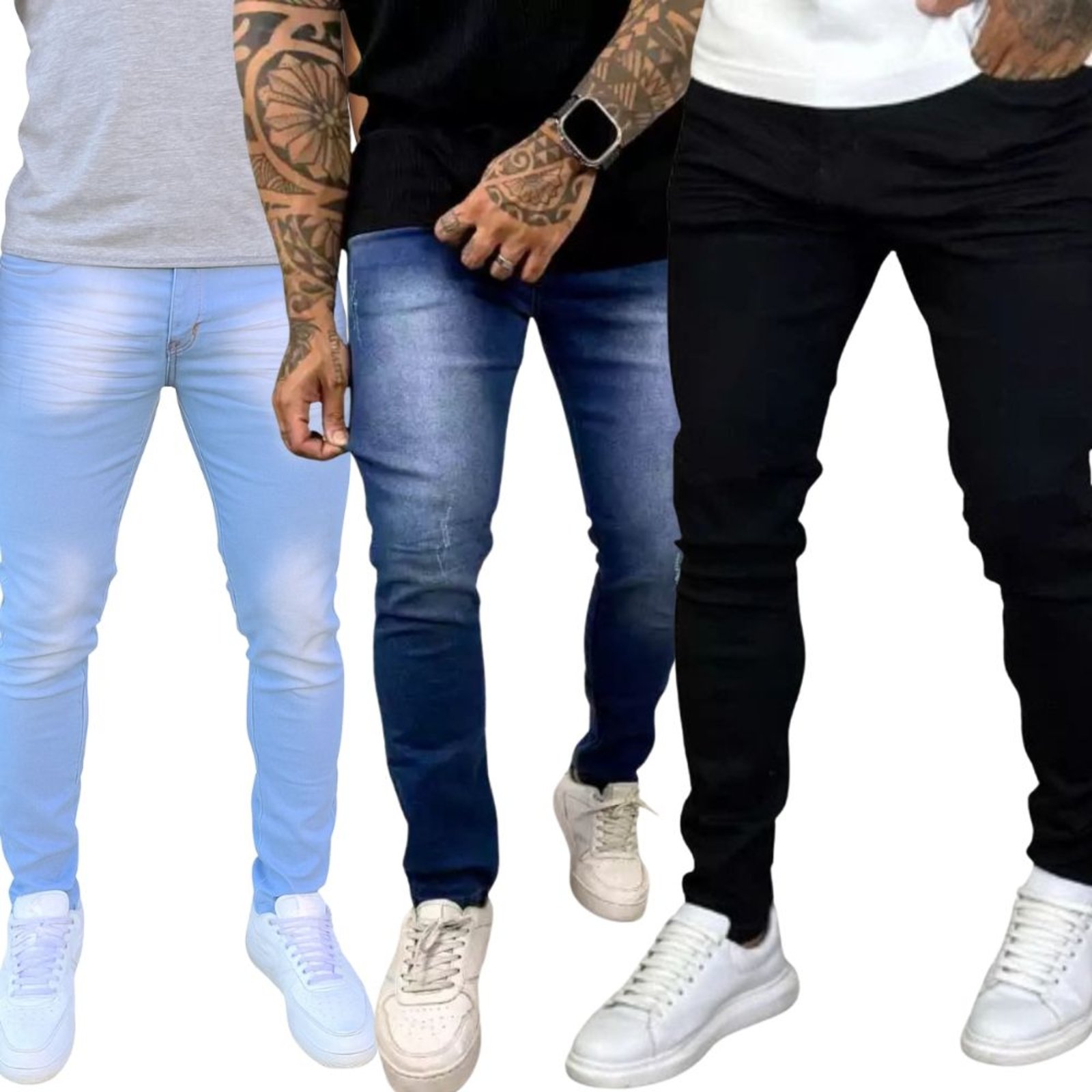 Kit 3 Calça Jeans Skinny Masculina Clara Escura Preta