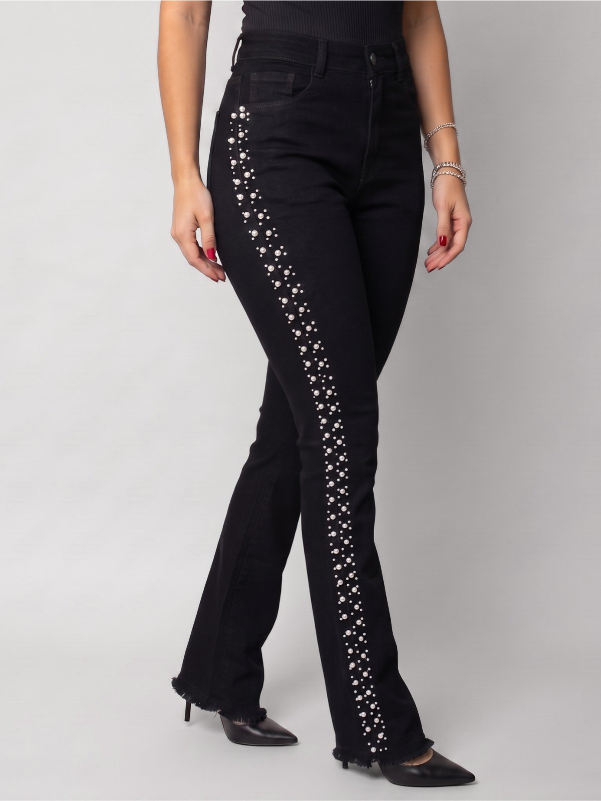 Calça Feminina Flare Jeans preto com Faixa de Strass na Lateral Glam Brilho Premium
