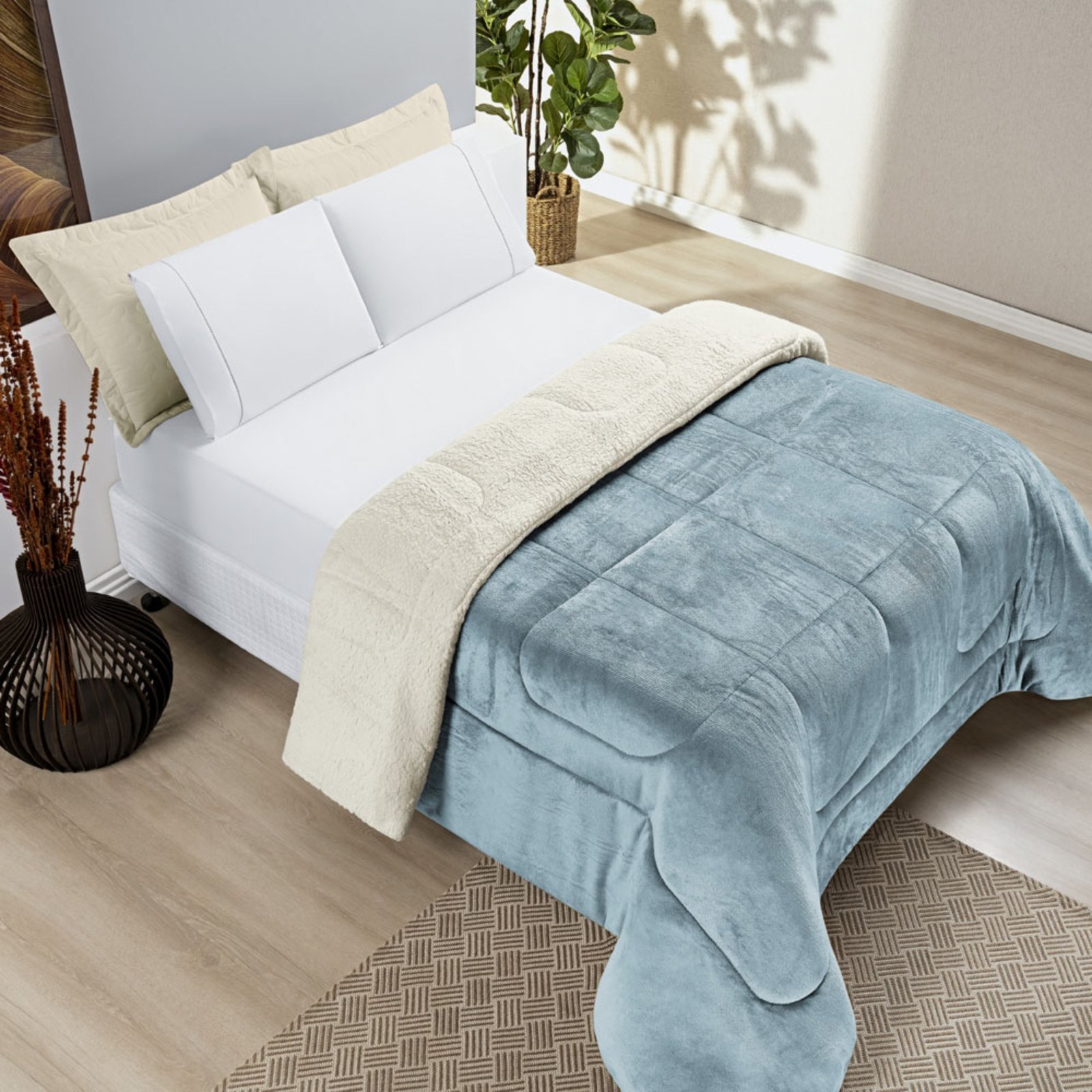 Coberdrom Casa Scarpa Apollo Queen Sherpa Pele de Carneiro + Manta Flannel - Azul Quartzo