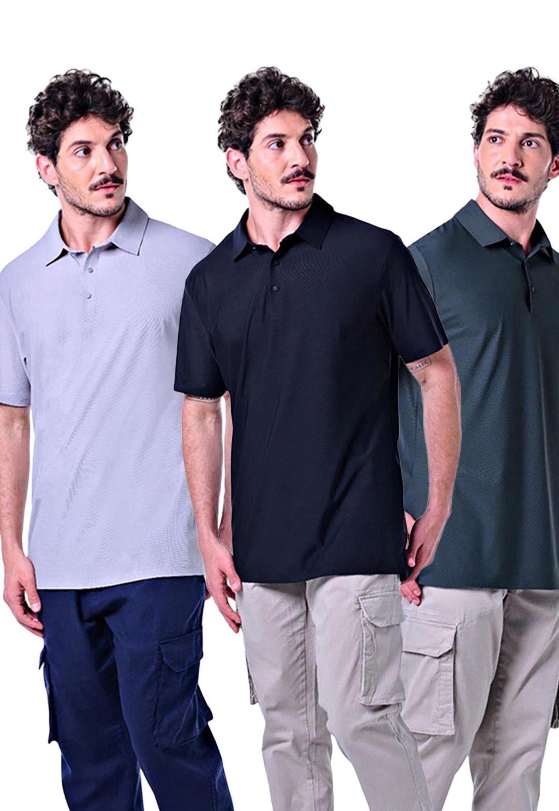 Kit 3 Polos Masculinas Com Botão Verde Oliva