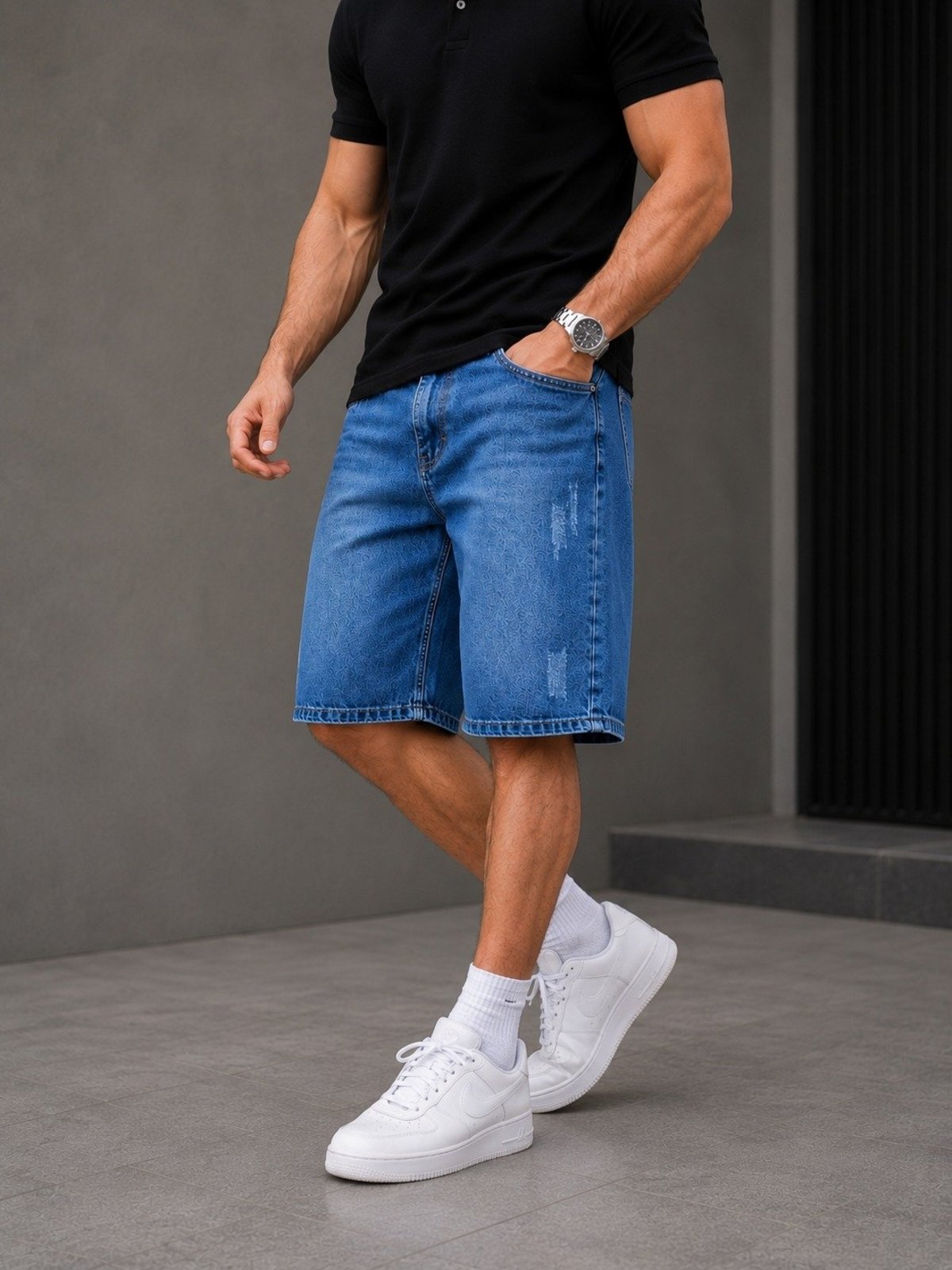 Bermuda Balão Jeans Puídos Masculina Alpha Street Wear Casual Confortável Básica Azul Escura