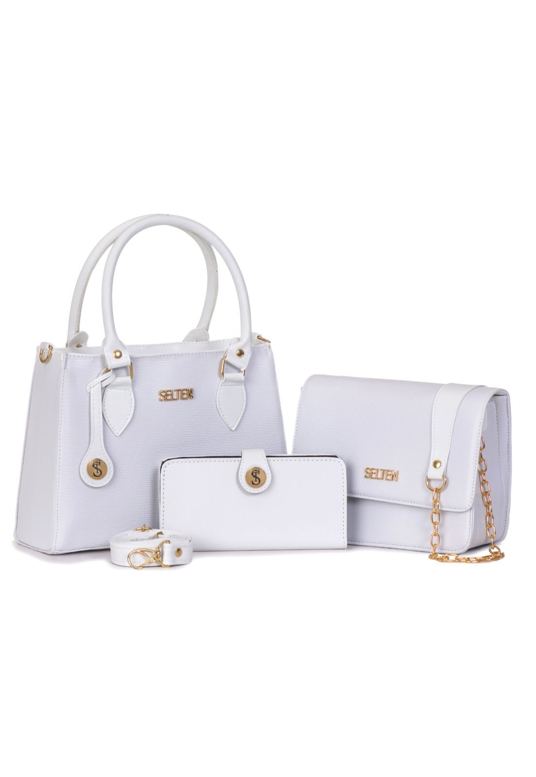 Kit Bolsa Feminina De Mão + Bolsa Pequena Alça Correta e Carteira Branca Selten