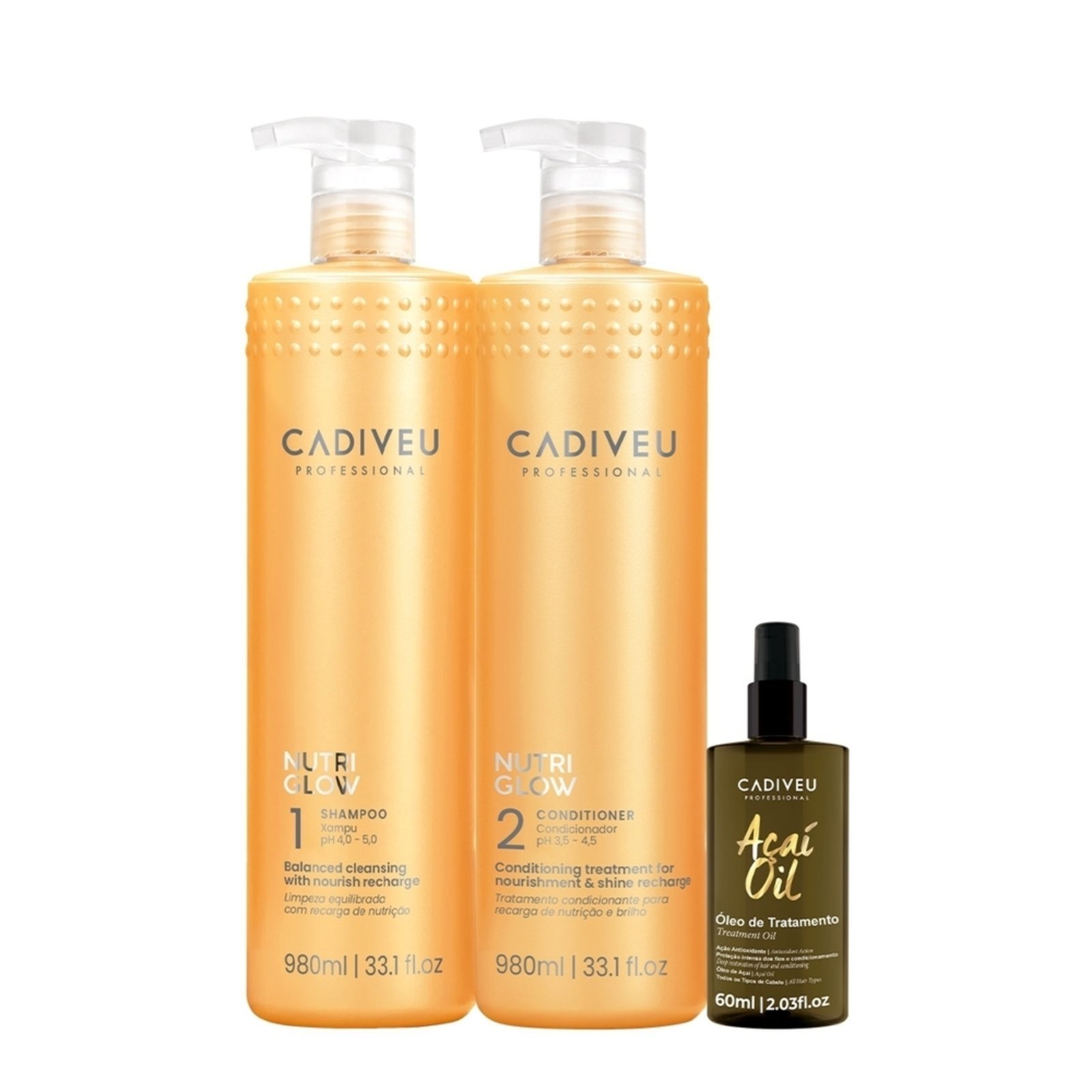 Kit Cadiveu Professional Nutri Glow Shampoo Condicionador G e Açai Oil 60 (3 produtos)
