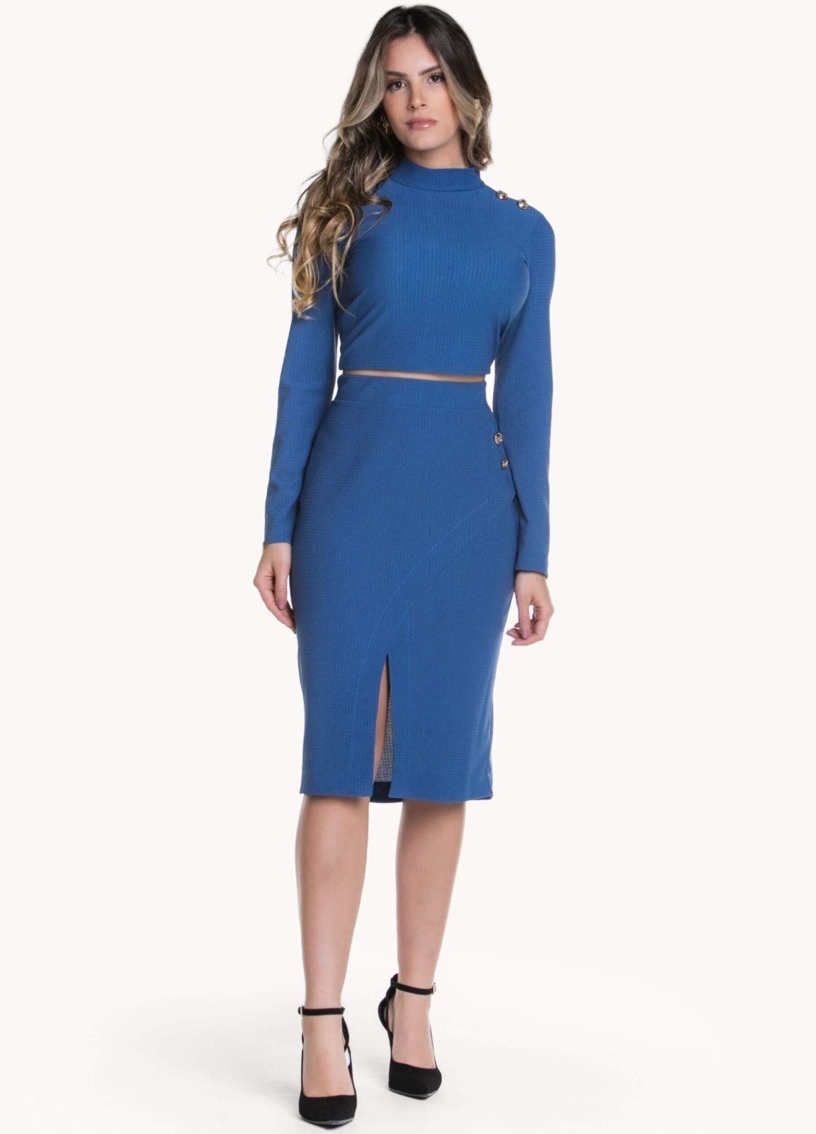 CONJUNTO FEMININO BLUSA E SAIA COM BOTÕES Azul
