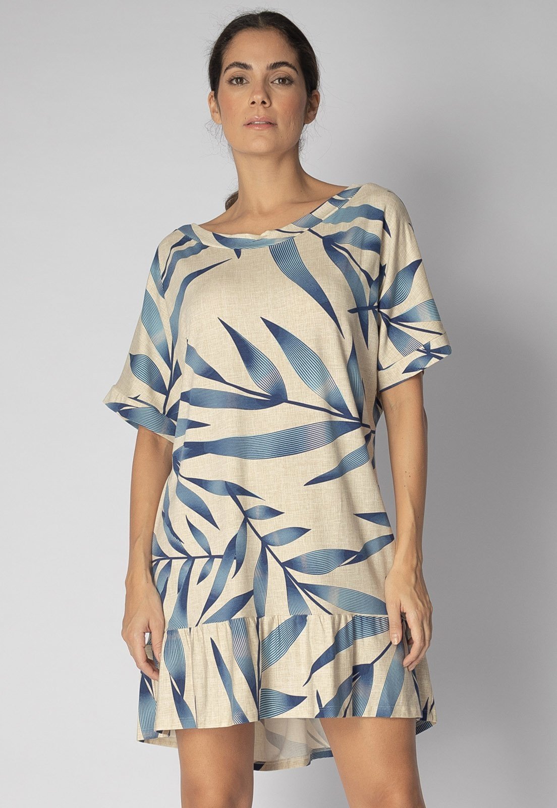 Vestido Curto Amazonia Vital Malha Mullet Amplo Babado Bambu Azul