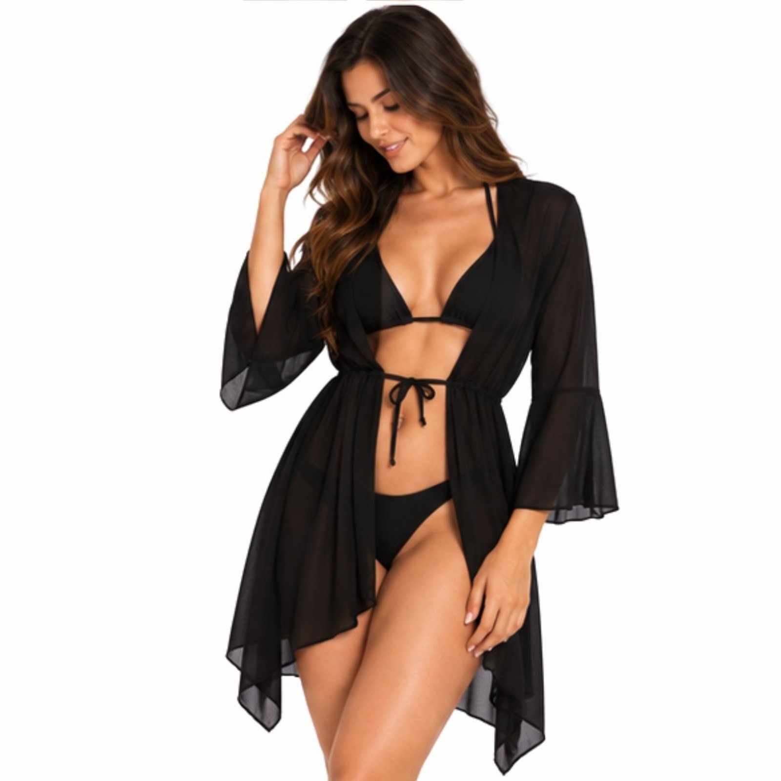 Saída de Praia Feminina Kimono Transparente Amarração Preto
