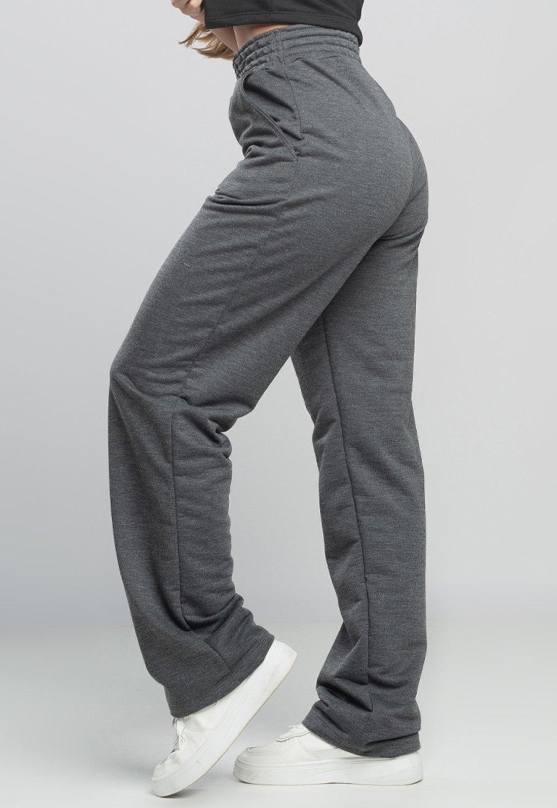 Calça MVB Modas Wide Leg Pantalona Franzida Boca de Sino Moletinho Cinza