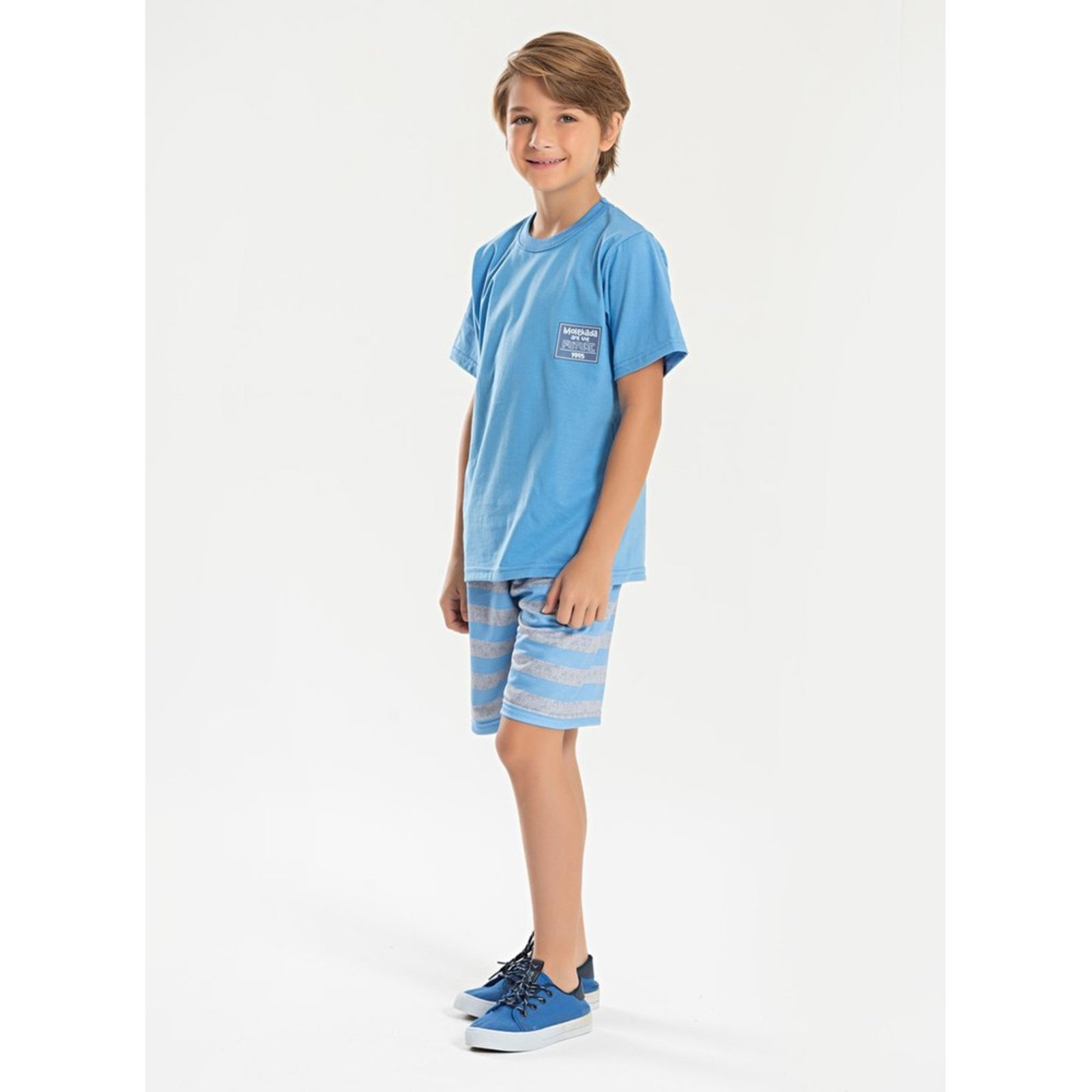 Infantil - Conjunto Verão Menino Azul Camiseta e Bermuda Listrado