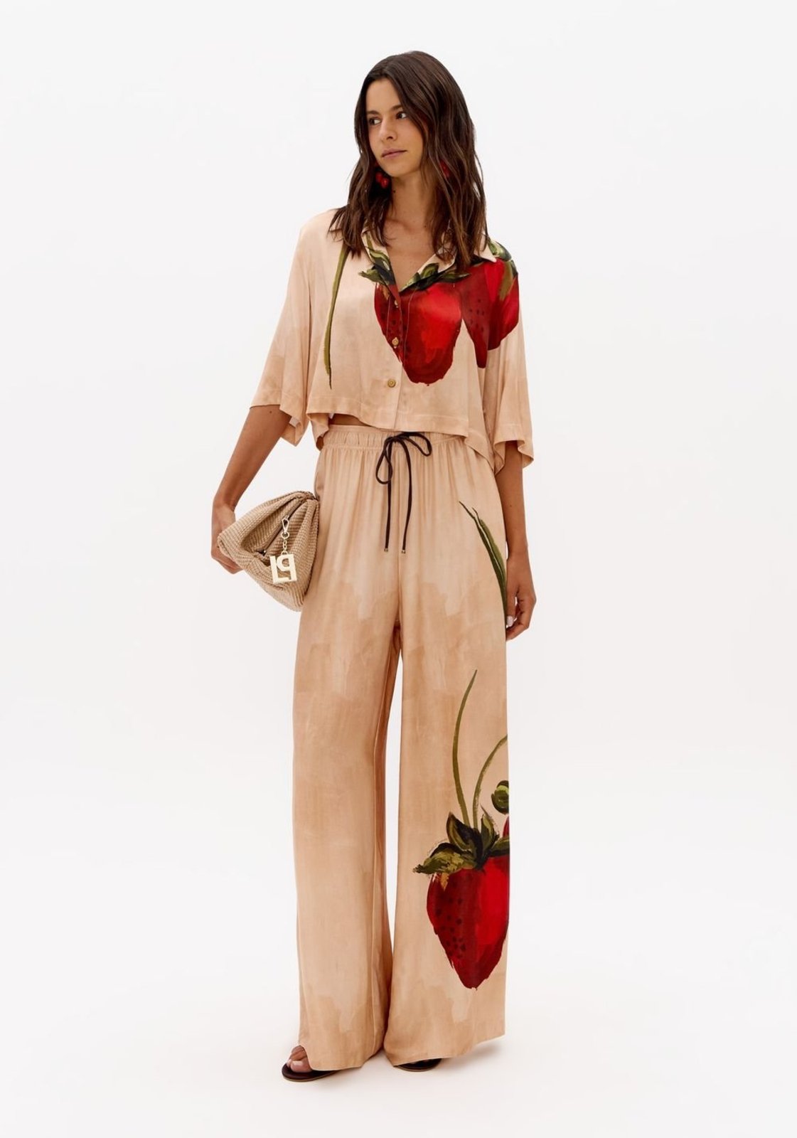 Calça Wide Leg Cintura Alta Com Estampa Lança Perfume
