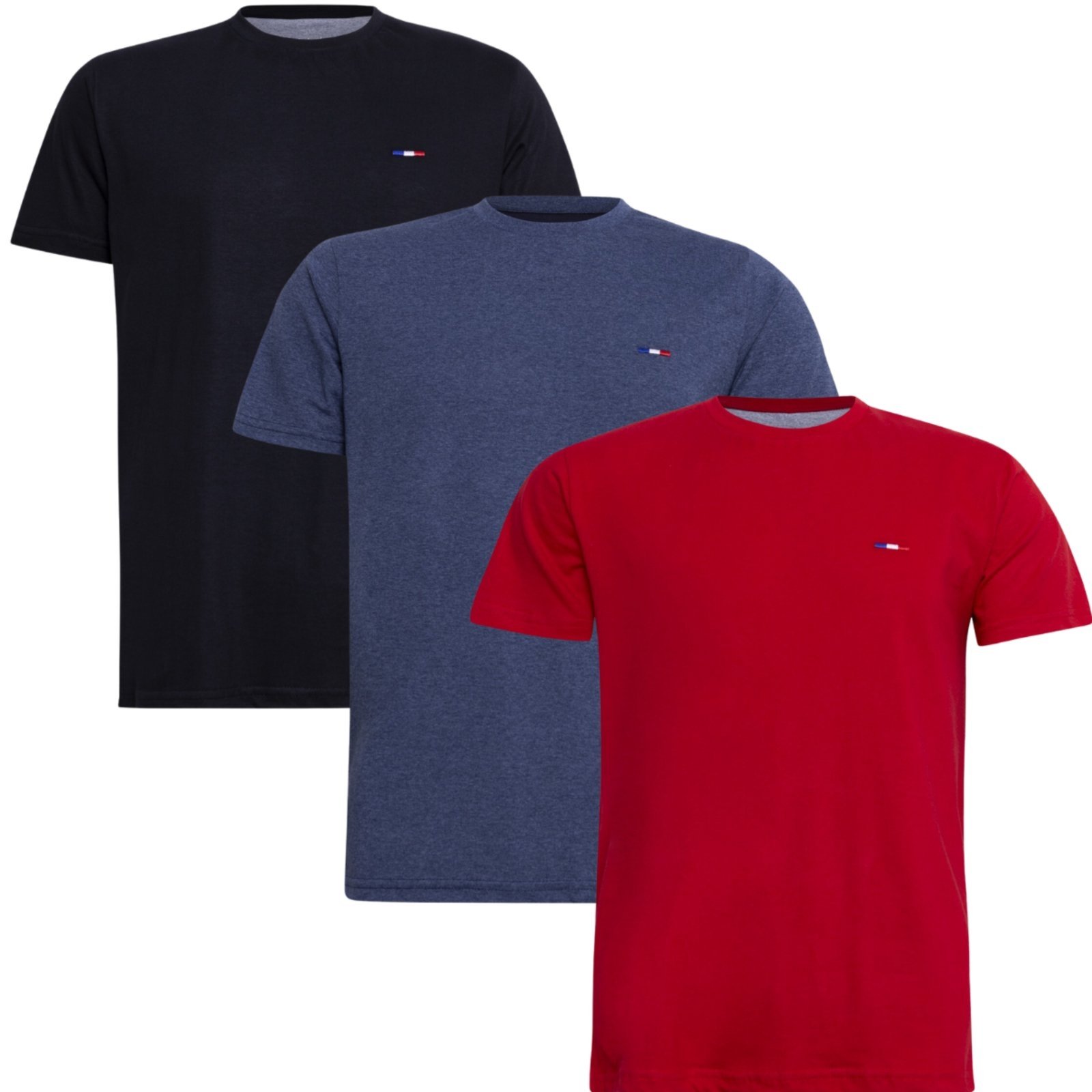 Kit 3 Peças Camisetas Básicas Masculina FMF Preto Azul Mescla Vermelho em Algodão Premium no Estilo Tommy Bordado França