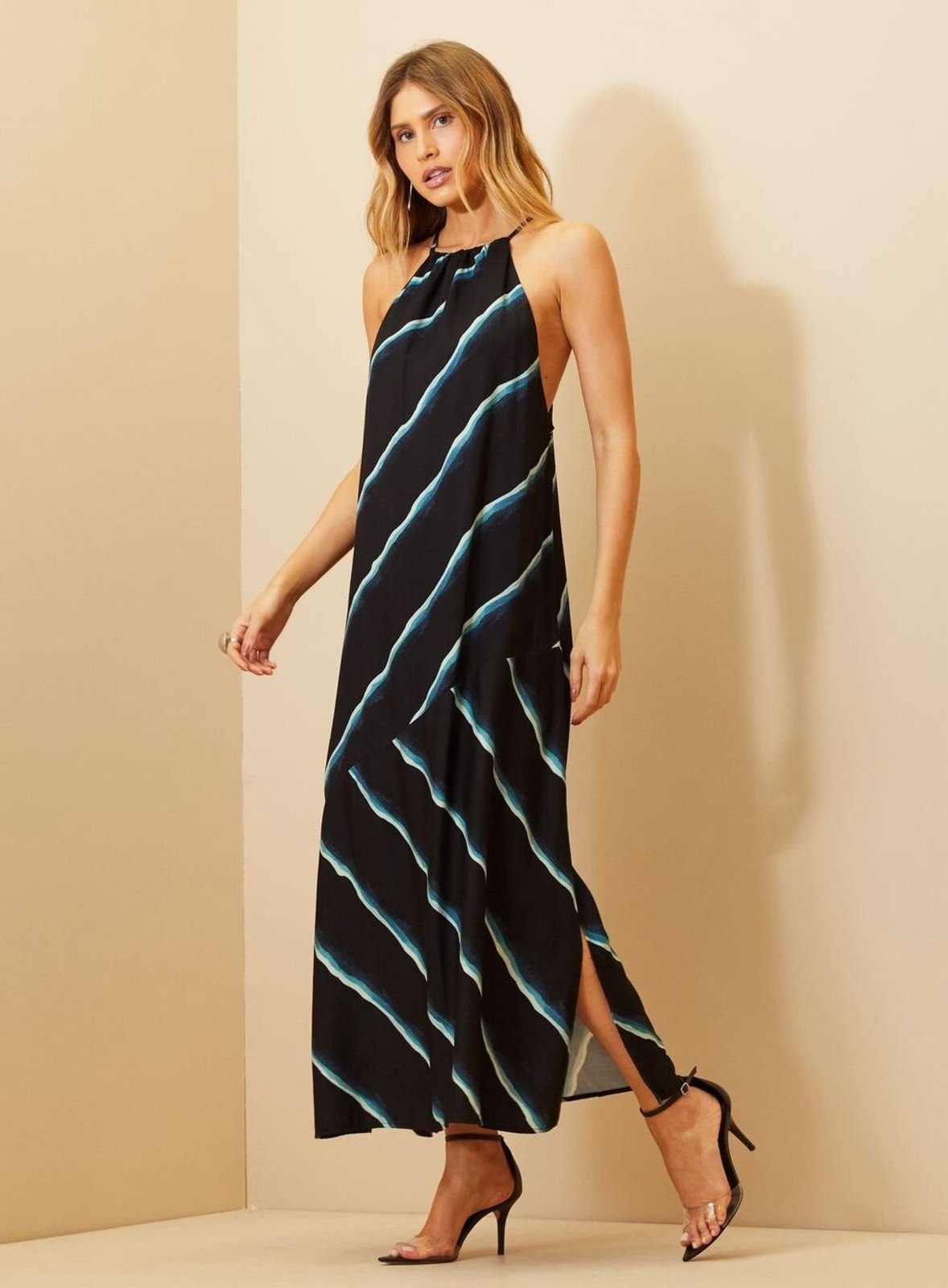 Vestido Feminino Longo Estampado com Frente Única Triton Preto/ Aqua