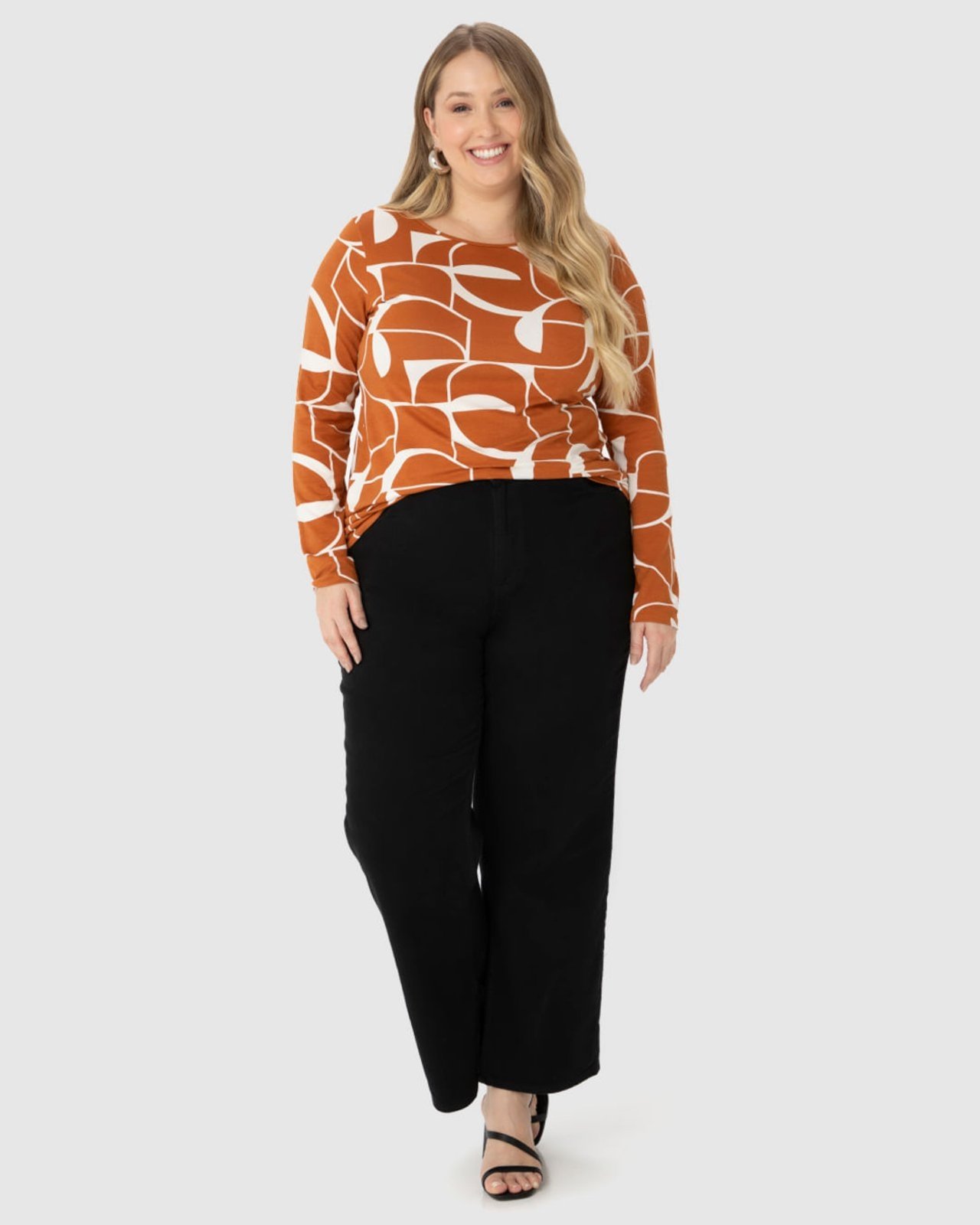 Vista 3 Blusa Feminina Plus Size Geométrico Manga Longa Em Viscose Stretch MALWEE PLUS marrom MALWEE PLUS marrom