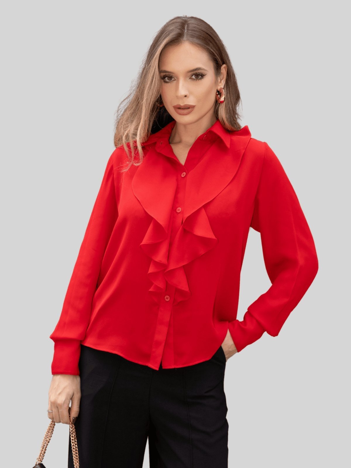 Blusa Miss e Misses Aghata Crepe C/Babado C/Botão Manga Longa Vermelho