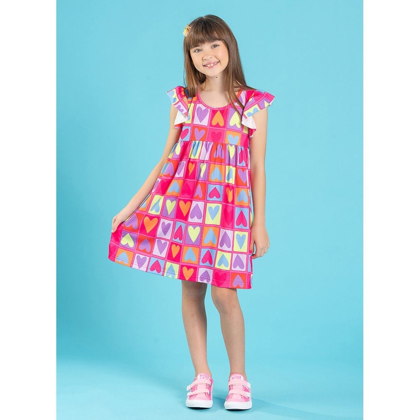 Vista 2 Infantil - Vestido Menina Magenta Manga Com Babado Corações Molekada rosa magenta Molekada rosa magenta