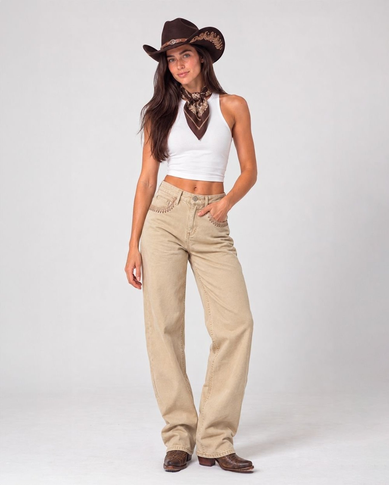 Calça Jeans Wide Leg Feminina com Lapela Alinhavada 25684 Caqui Consciência