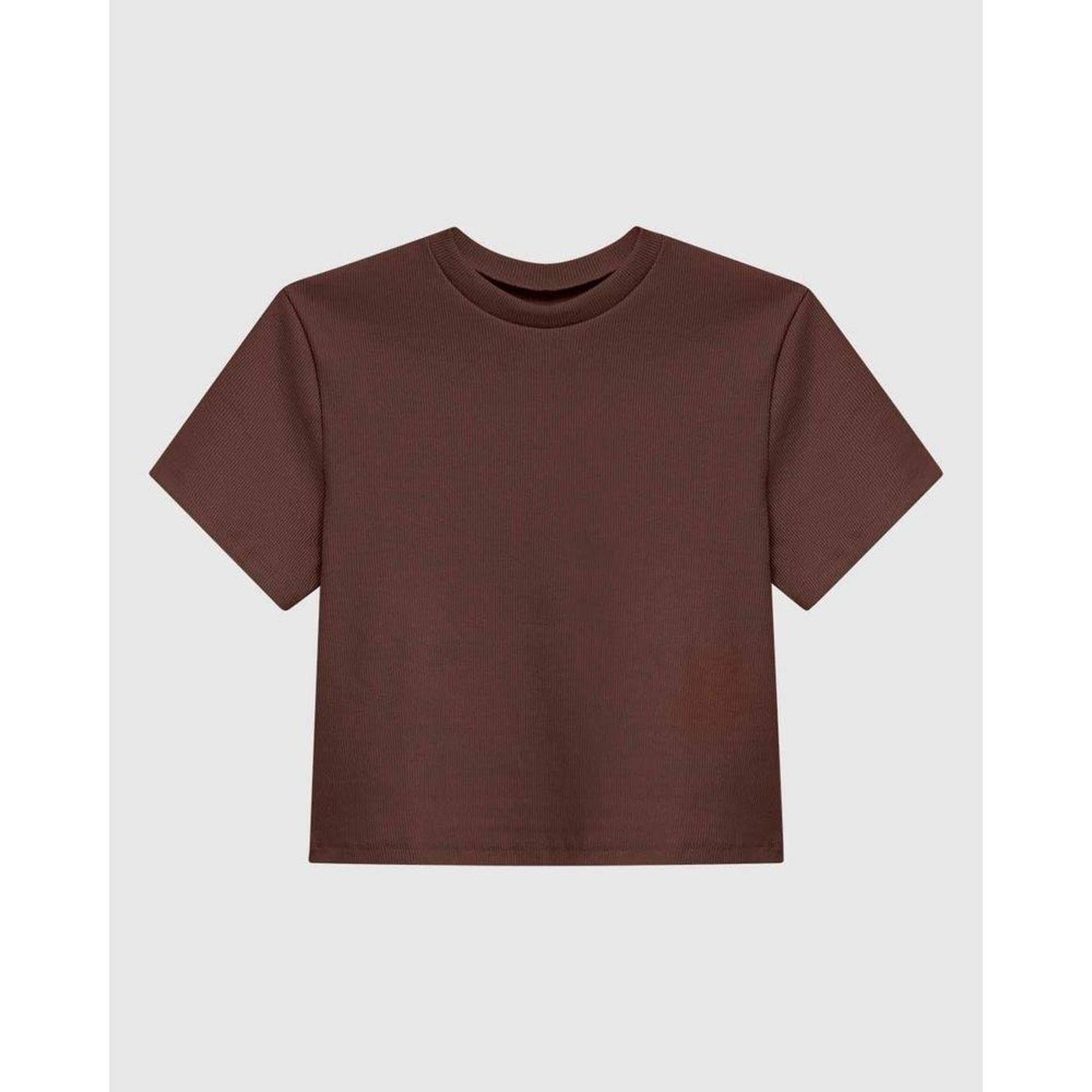 Blusa Cropped Feminina Decote Redondo Manga Curta Em Malha Canelada