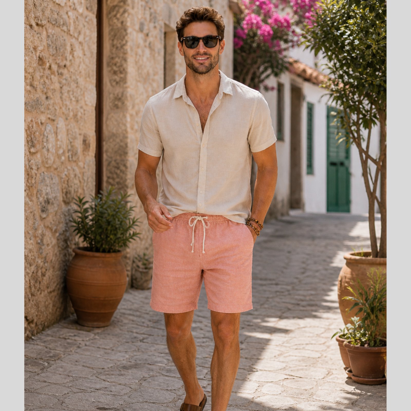 Bermuda De Linho Masculina Short Com Cordão Mauricinho Leve Salmão