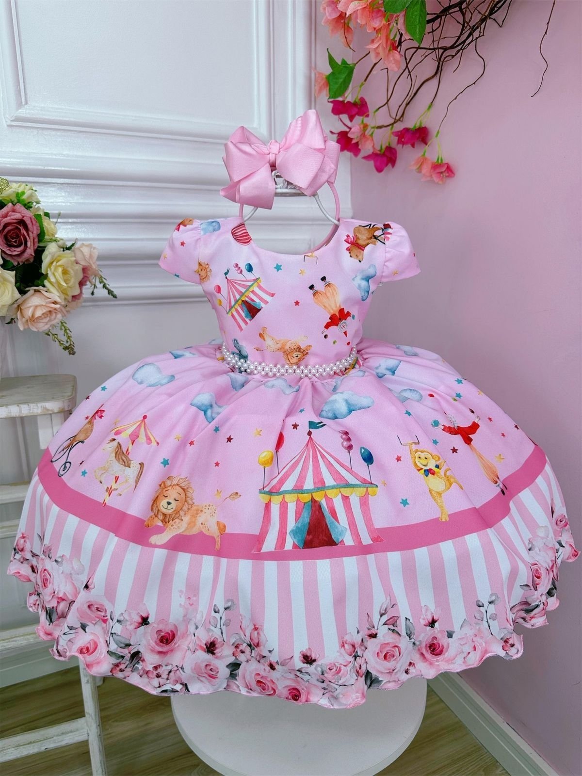 Infantil - Vestido Luxo Circo Rosa Pérolas Temático Aniversário Passeio Social Menina Juvenil