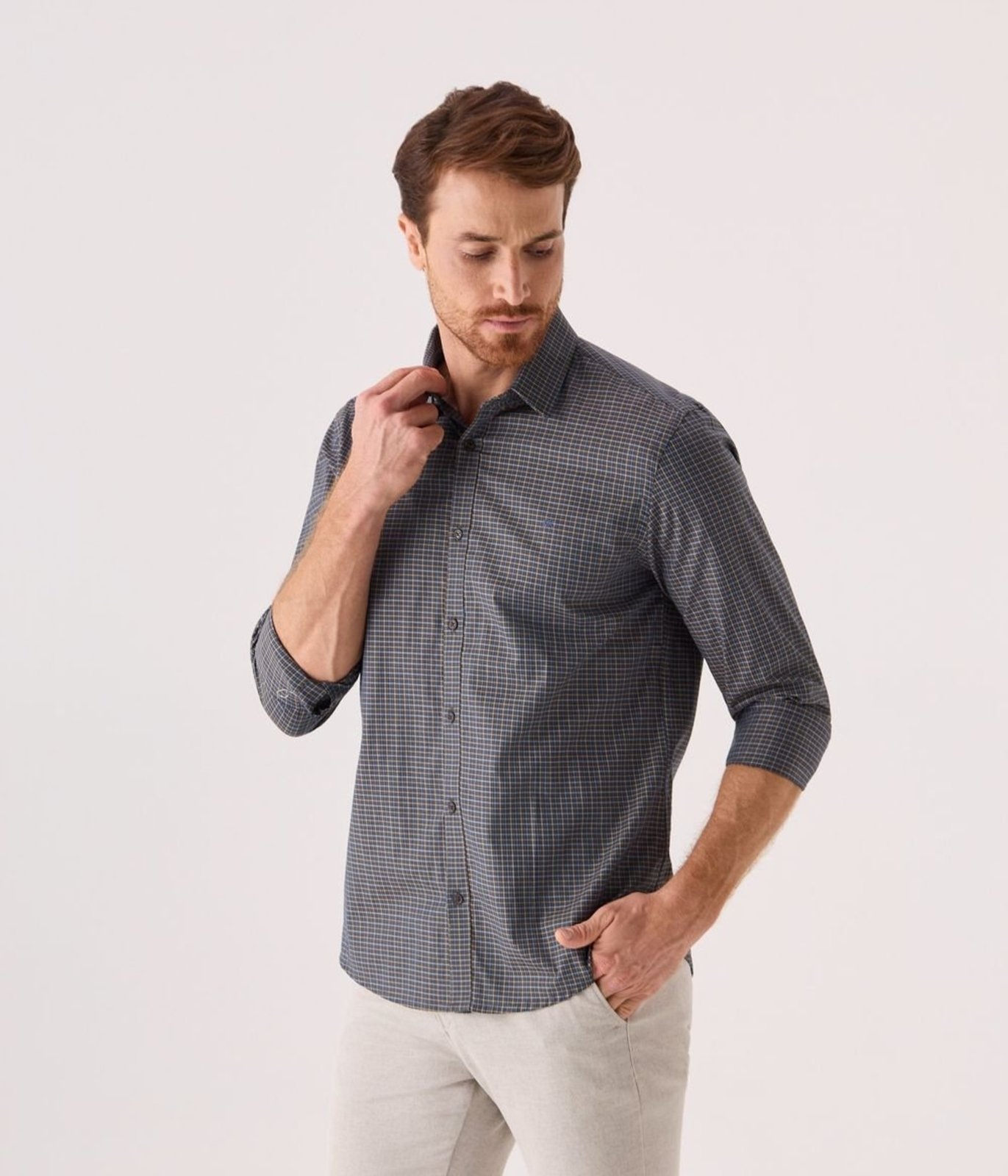 Camisa Makenji Business Xadrez Masculina Ocre