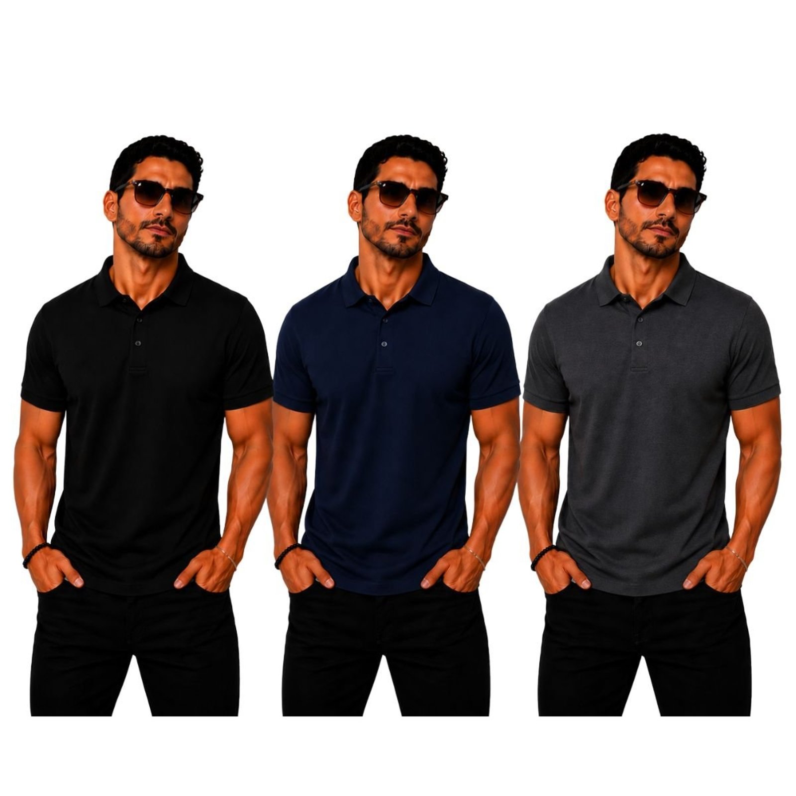 Kit 3 Camisas Polo Poliamida Masculina Básica Premium Multicolorido