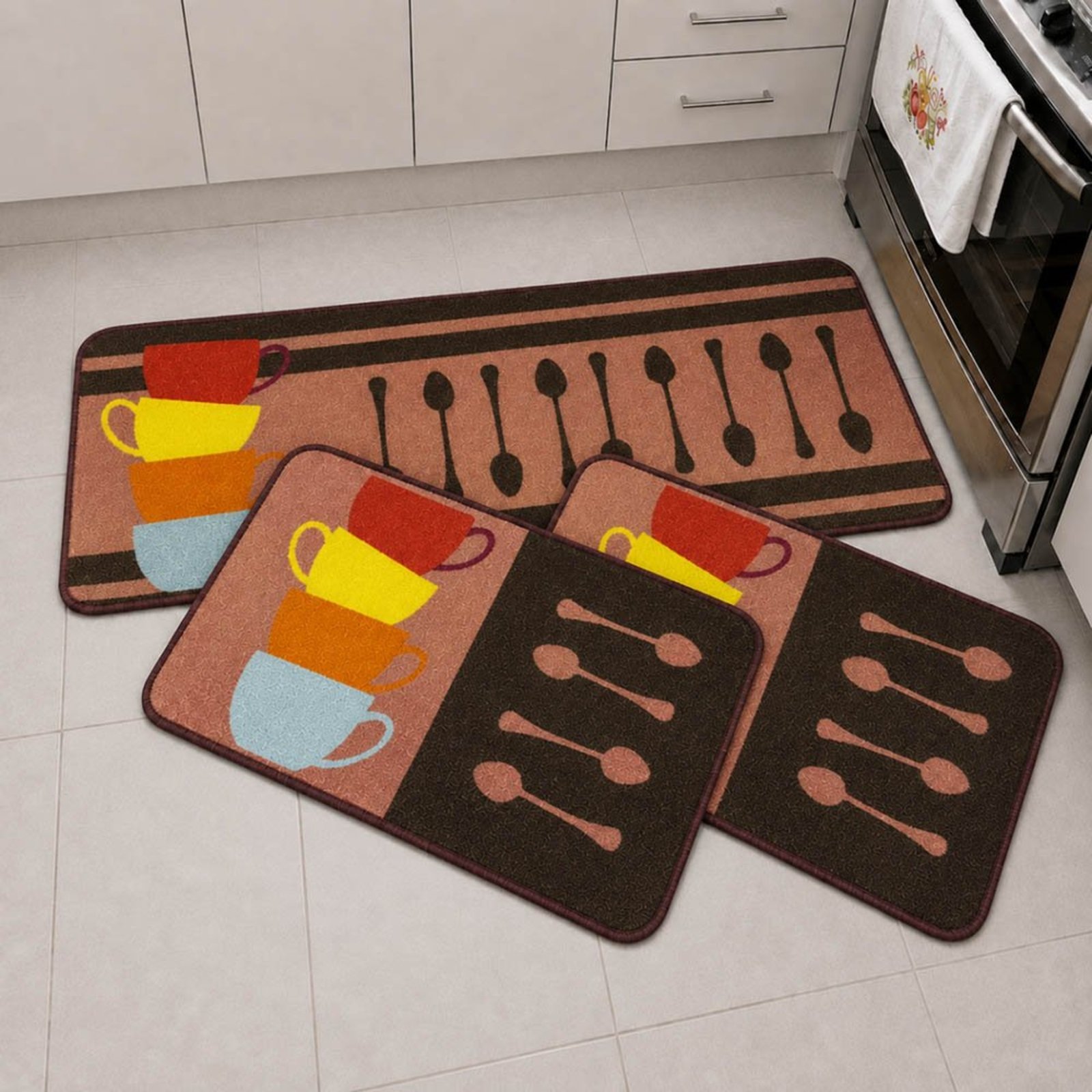 Kit Tapete para Cozinha 3 Peças Passadeira Antiderrapante Emborrachada Carpete Xícaras