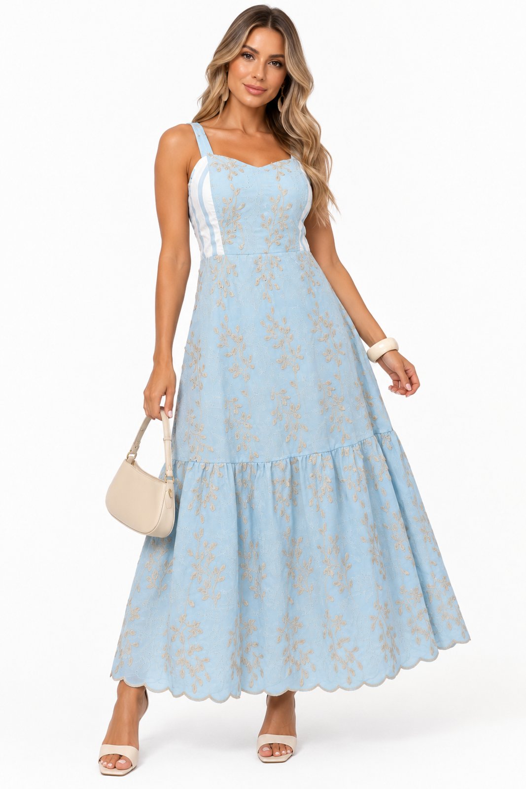 Vestido Longo D Bell Outlet Fashion Laise de Algodão Evasê com Alças Médias Azul Claro
