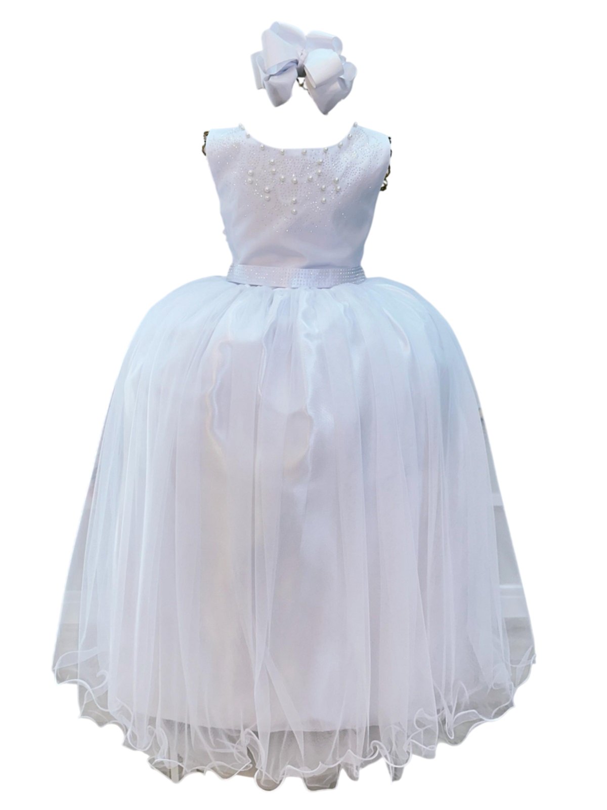 Infantil - Vestido Longo Branco Formatura Casamento Dama Daminha Social Menina Juvenil Festa Pérolas Juvenil Princesa Rodado Florista Aniversário Luxo