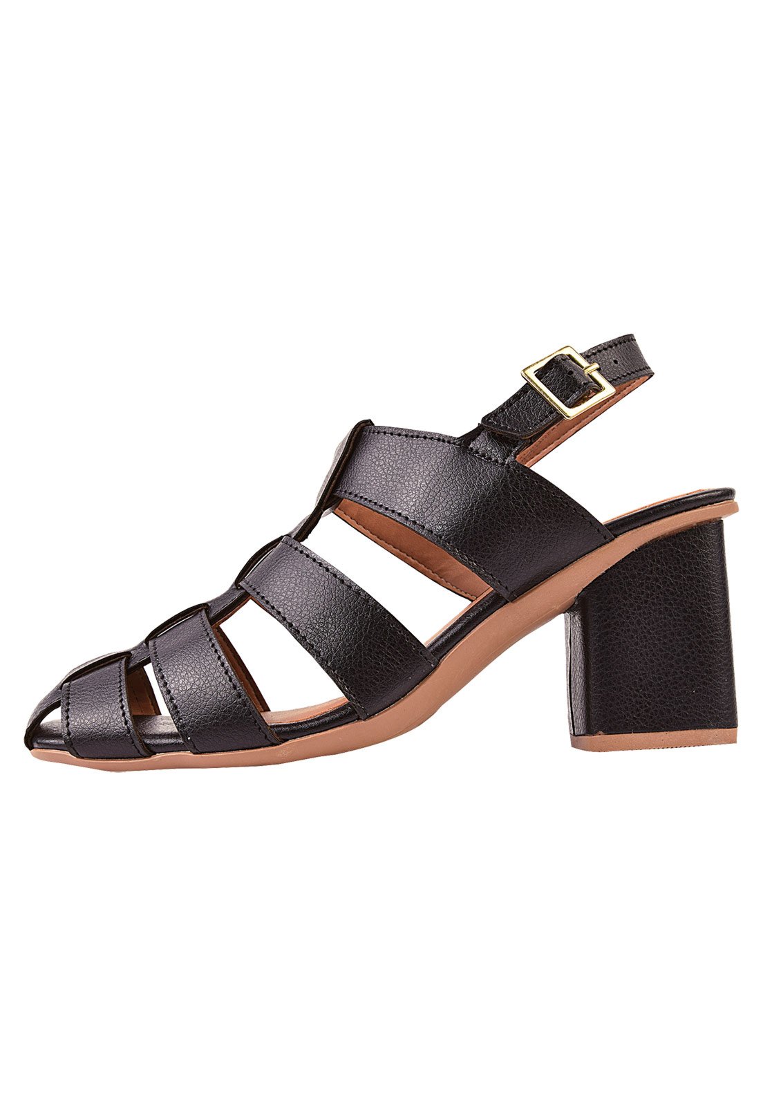 Sandália Salto Grosso Rosa Chic Calçados Feminino Salto Alto Bloco Bonnie Fisherman Bico Quadrado Preto