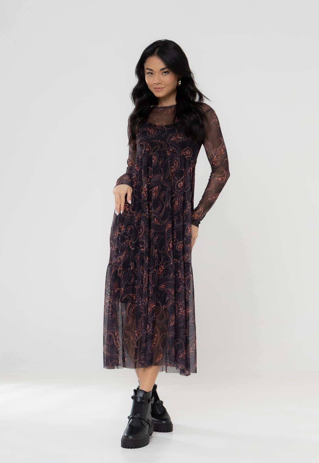 Vestido Aura Carolina Tule Paisley Preto