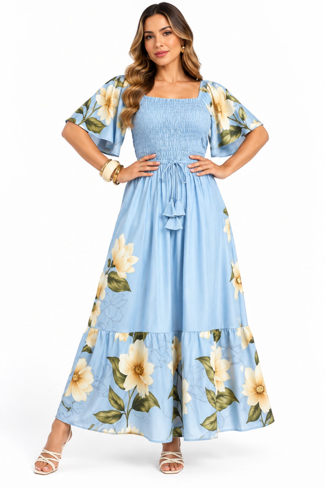 Vestido Longo Midi com Lástex D Bell Outlet Fashion Azul