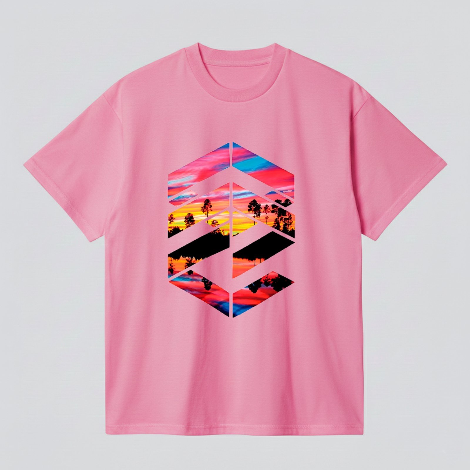 Camiseta Básica Geometric Sunset Landscape Unissex Rosa
